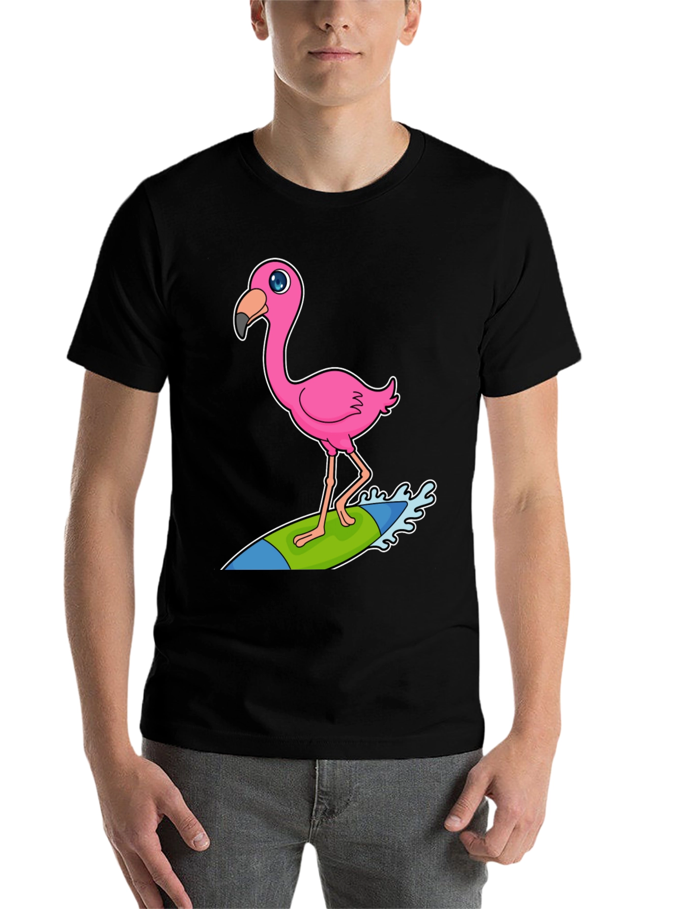 Black Surfing Flamingo Graphic Tee - Black Cotton T-Shirt view 7