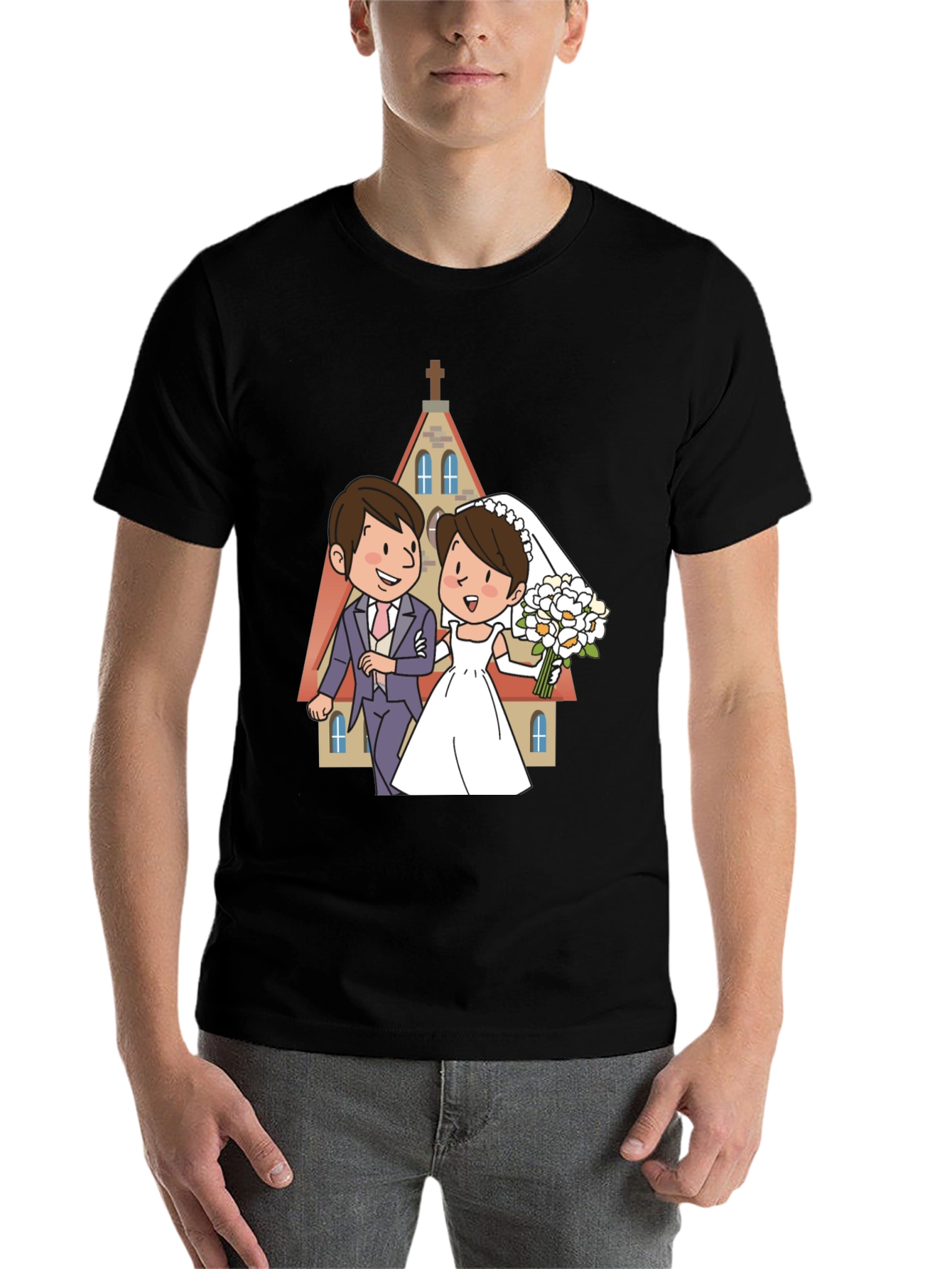 Wedding Cartoon Graphic Tee - Black - 7