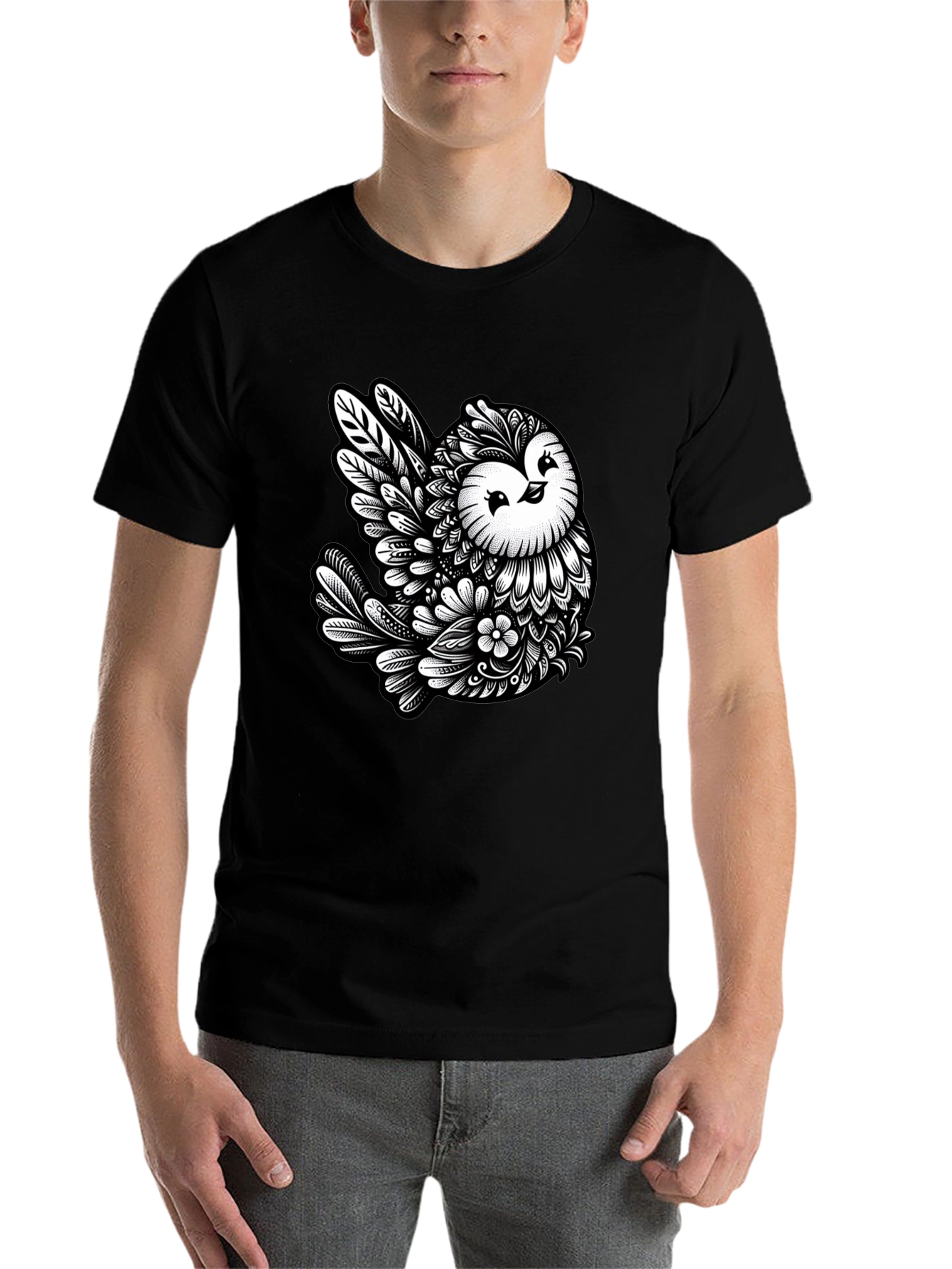 Black Owl Art Black T-Shirt - Unique Graphic Tee view 7