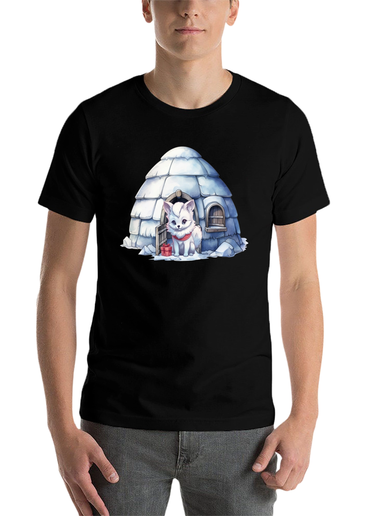 Black Cute Arctic Fox in Igloo Graphic Tee view 7