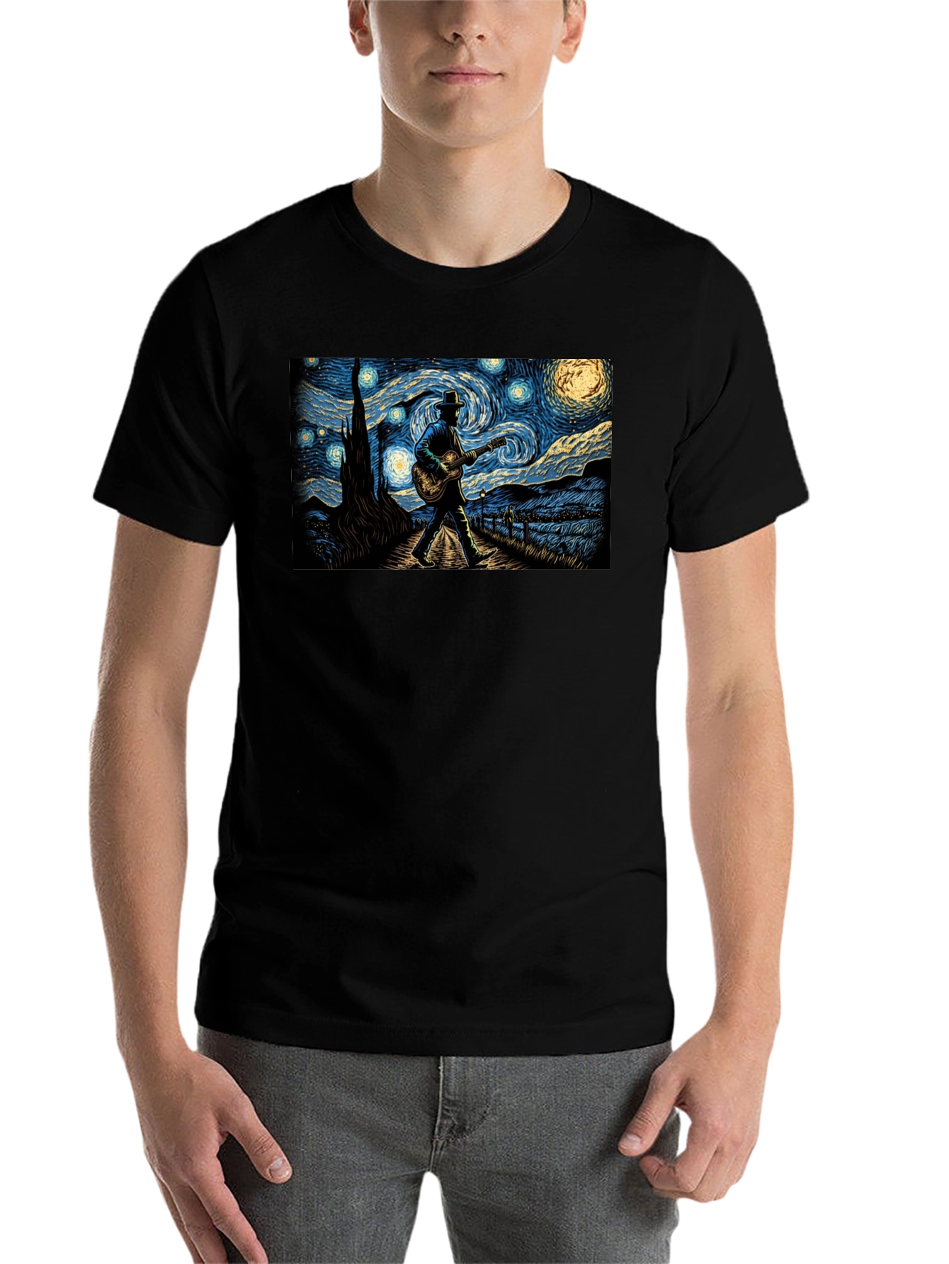 Black Starry Night Guitar Player Graphic Tee view 7