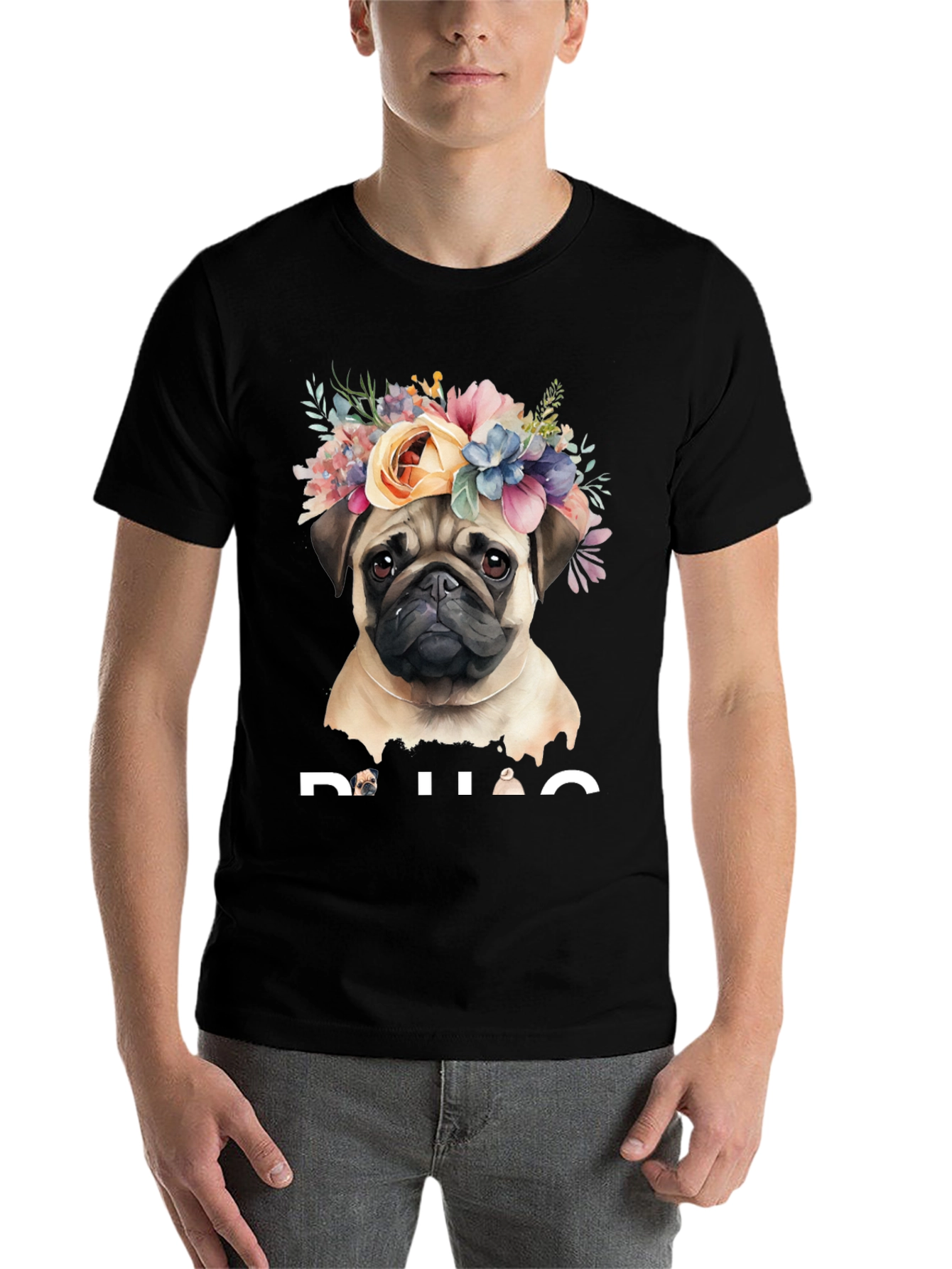 Black Pug Floral Crown Graphic Tee - Black Cotton T-Shirt view 7