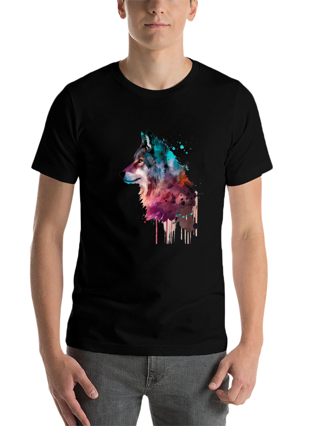 Black Watercolor Wolf Graphic Black T-Shirt view 7