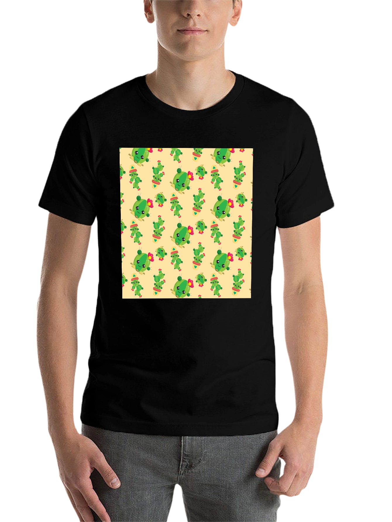 Black Cute Cactus Pattern Black T-Shirt view 7