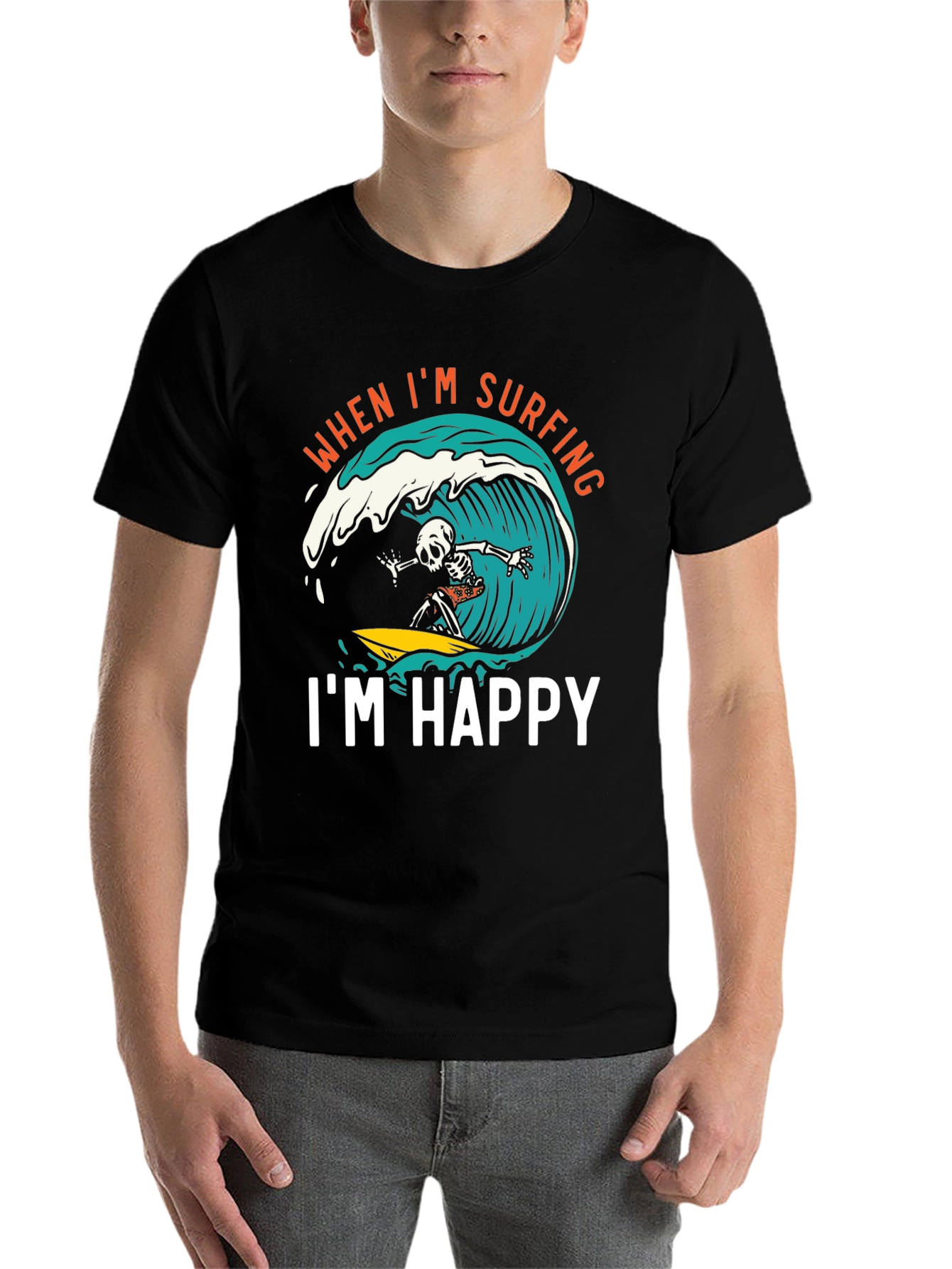 Surfing Skeleton Graphic Tee - "When I'm Surfing, I'm Happy" Black T-Shirt - 7
