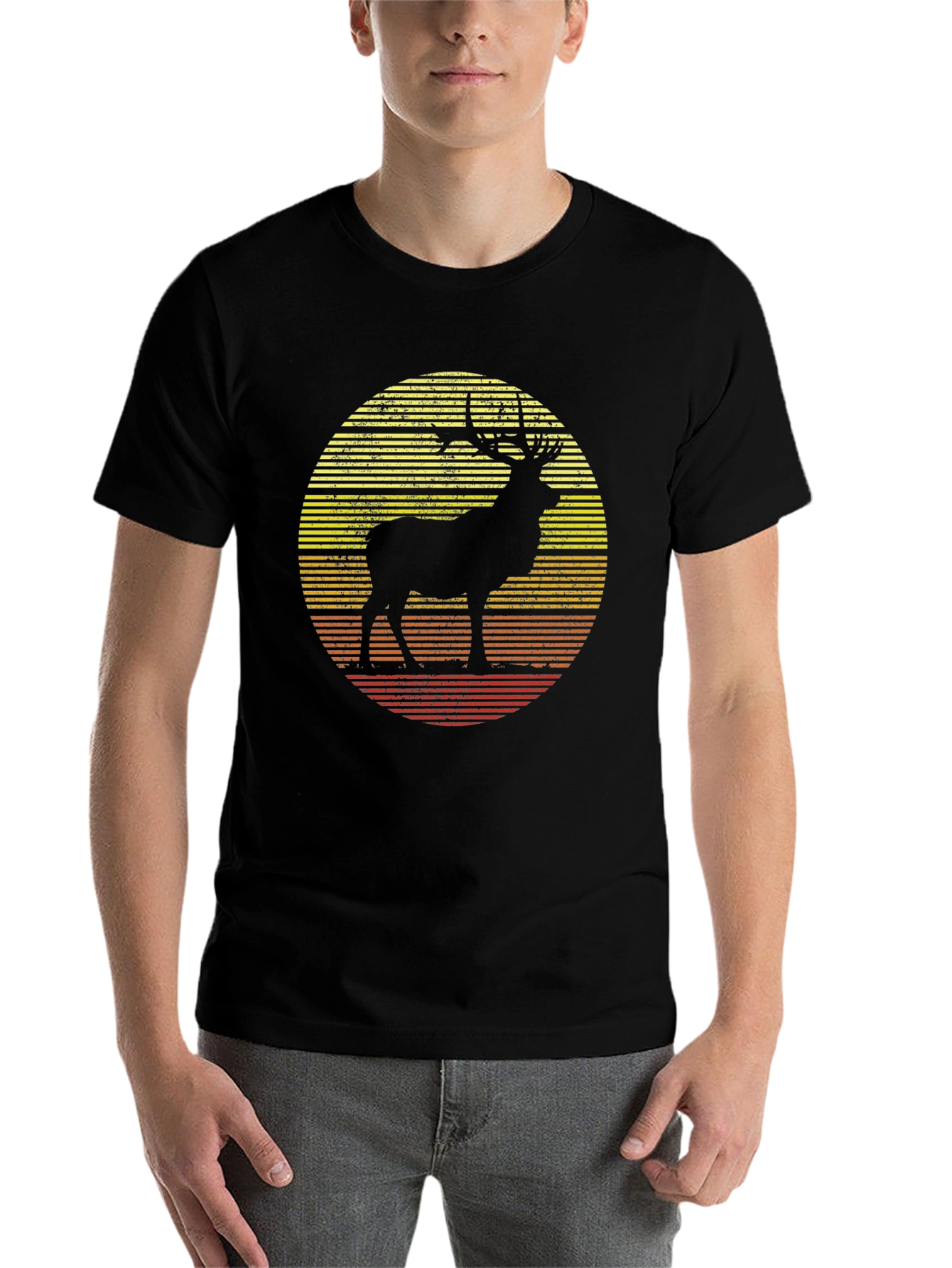 Black Retro Elk Sunset Graphic T-Shirt view 7