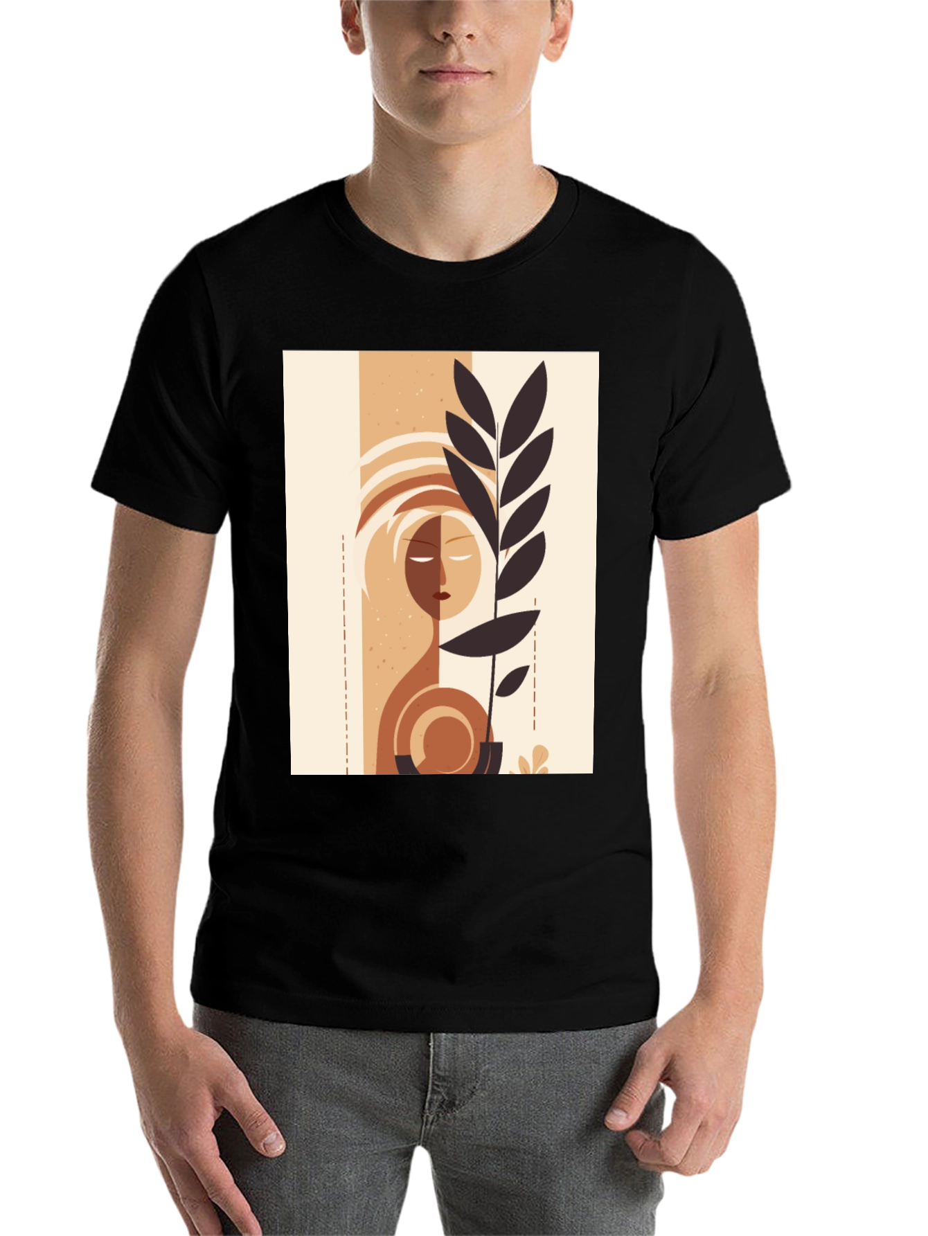 Black Abstract Face & Plant Graphic Tee - Stylish Minimalist Design view 7