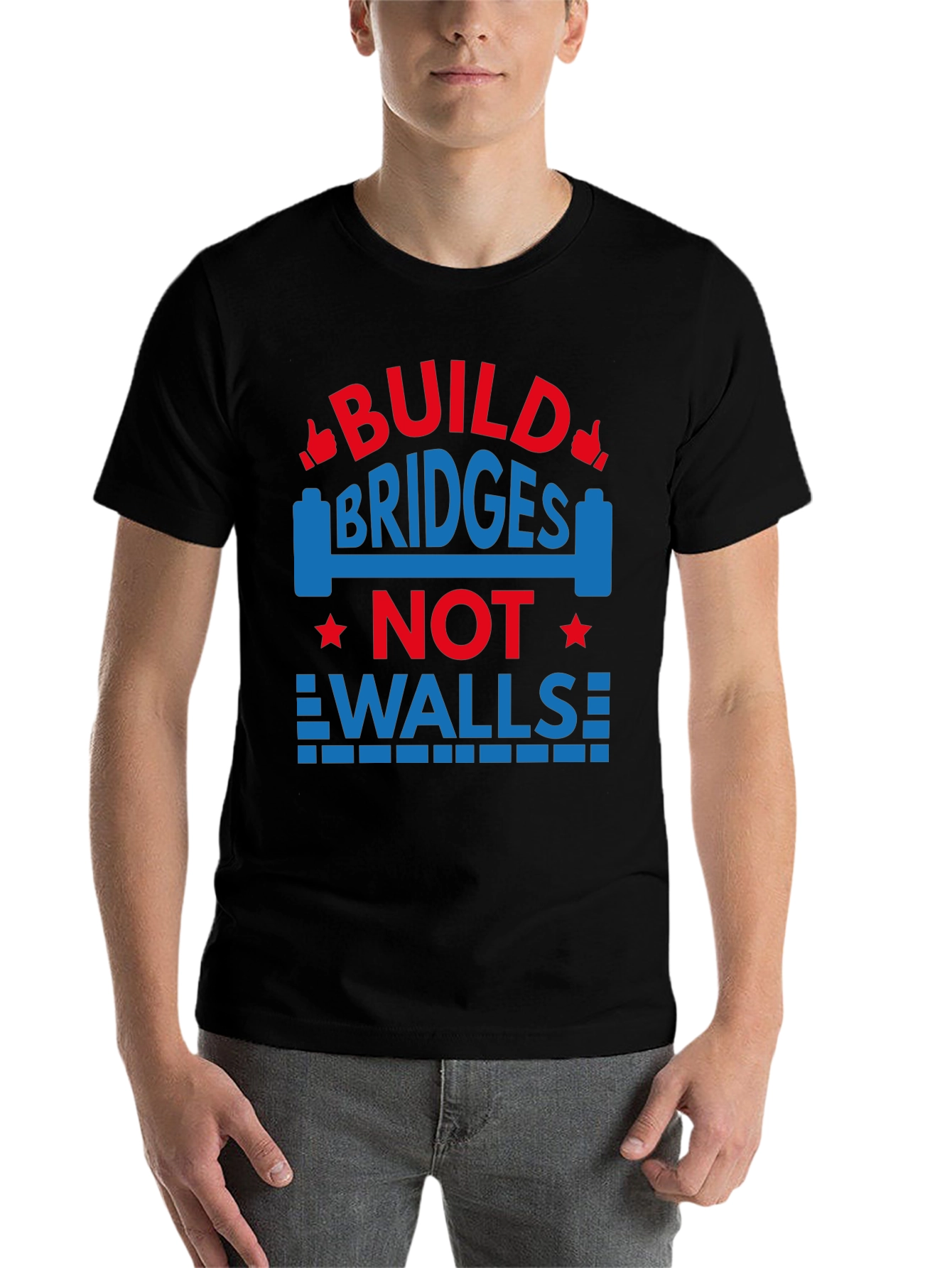 Black Build Bridges Not Walls Graphic Tee view 7