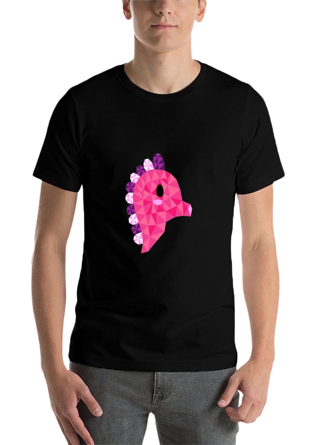 Black Geometric Pink Dinosaur Graphic T-Shirt - Modern Style view 7