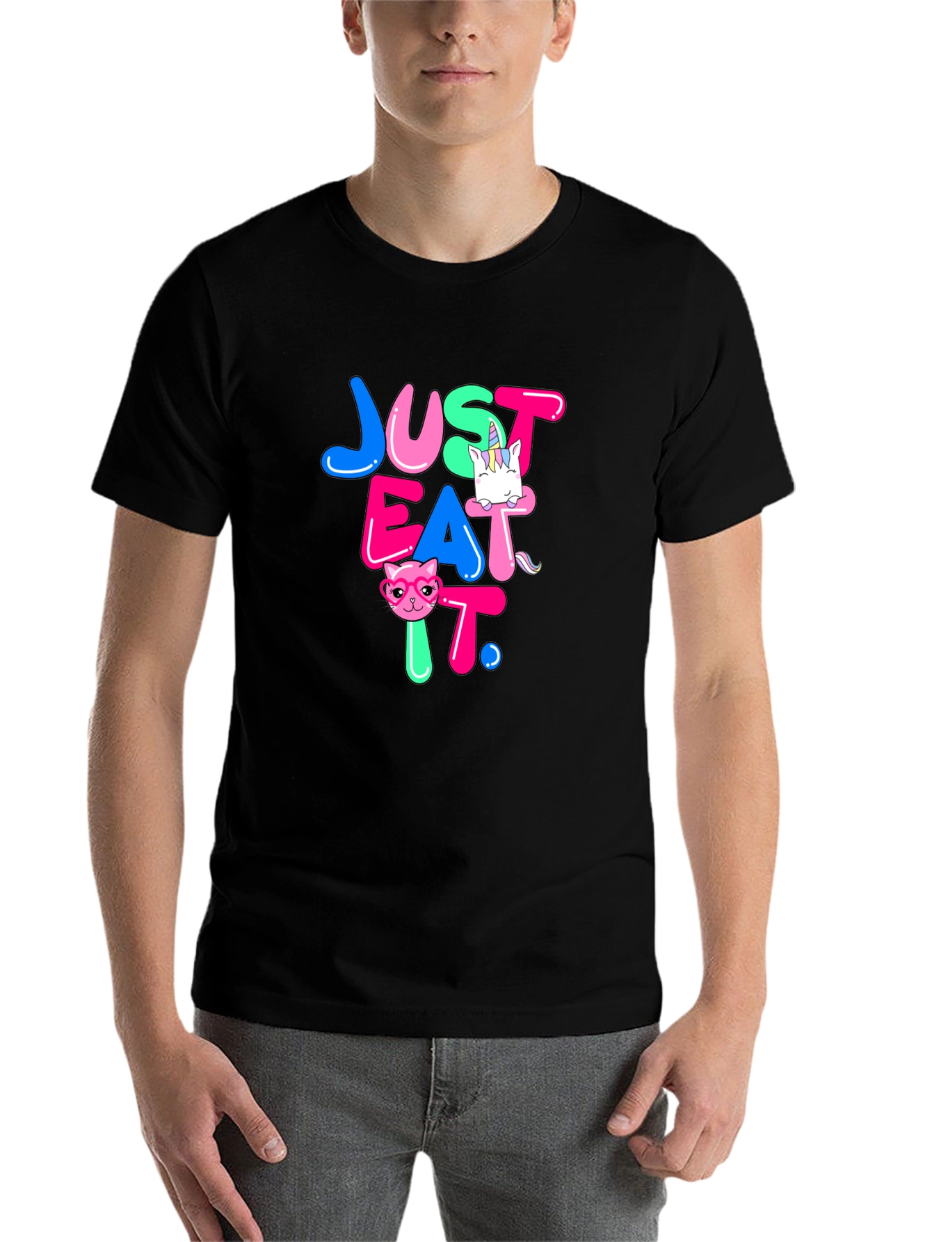 Black Just Eat It Graphic T-Shirt - Funny Cat & Unicorn Design view 7