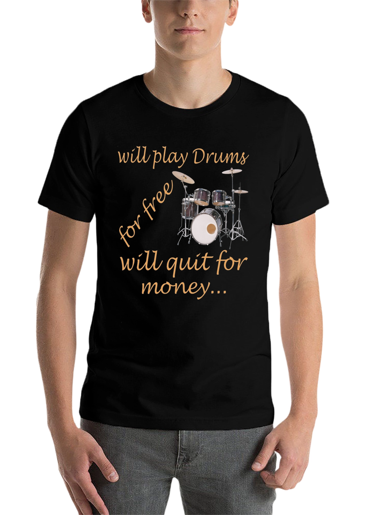 Black Funny Drummer T-Shirt - Play Drums Free, Quit For Money view 7