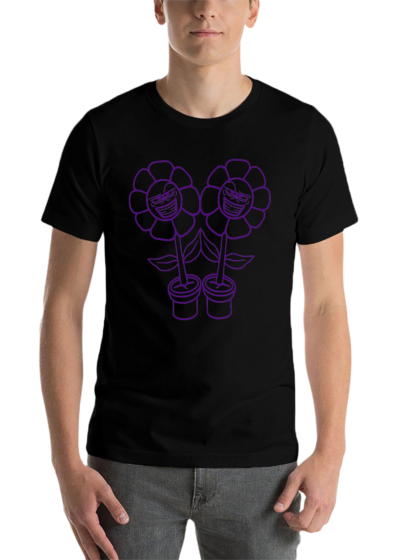 Black Men's Black T-Shirt with Cartoon Flower Print view 7