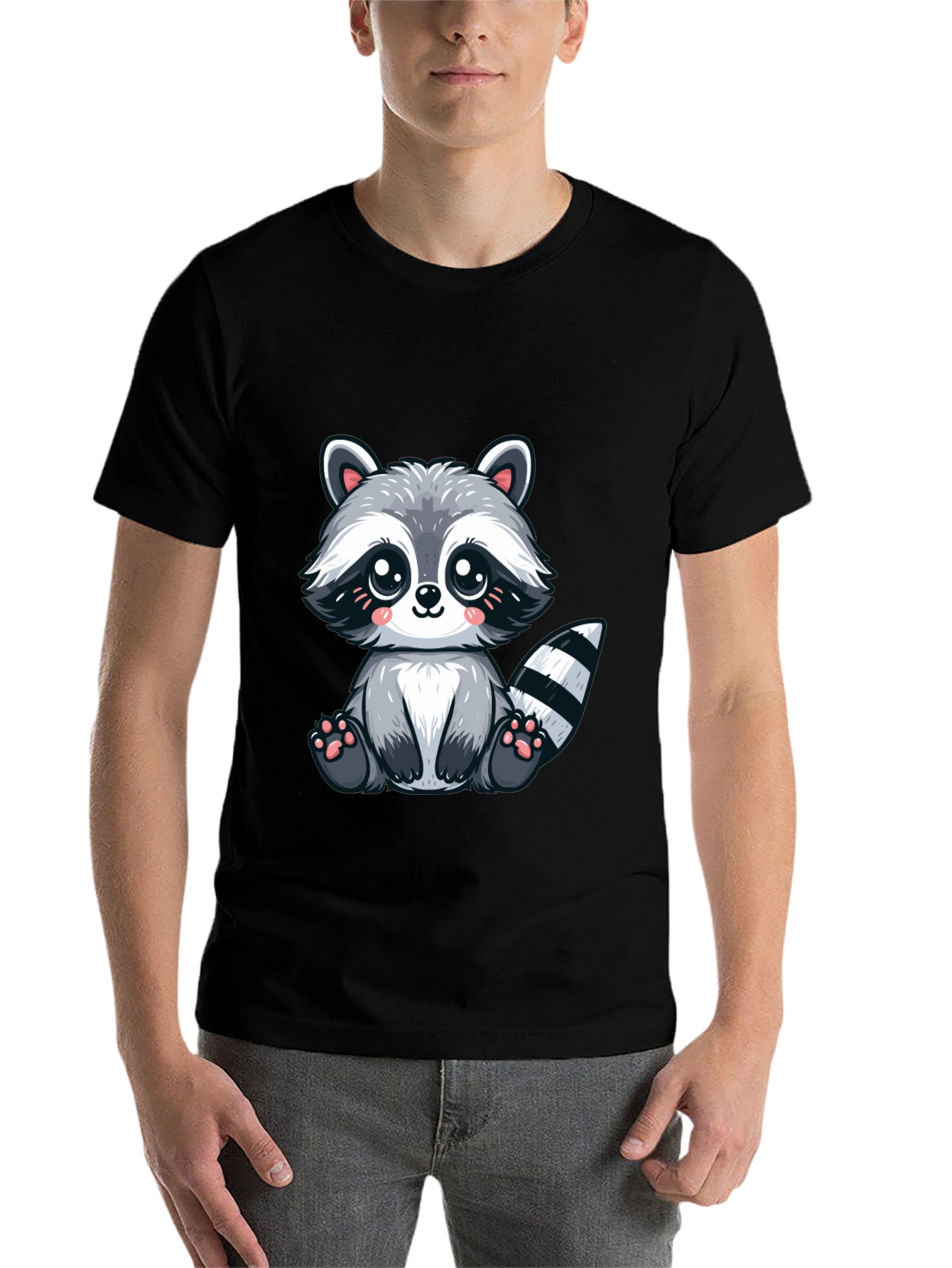 Black Cute Cartoon Raccoon Graphic Tee - Soft Black Cotton view 7