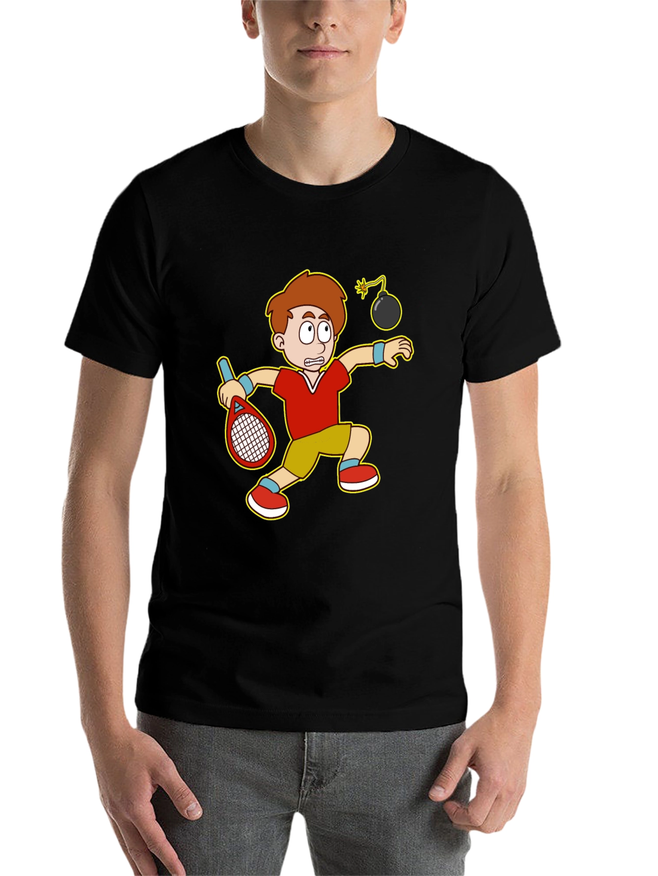 Black Funny Tennis Player Cartoon Graphic T-Shirt view 7