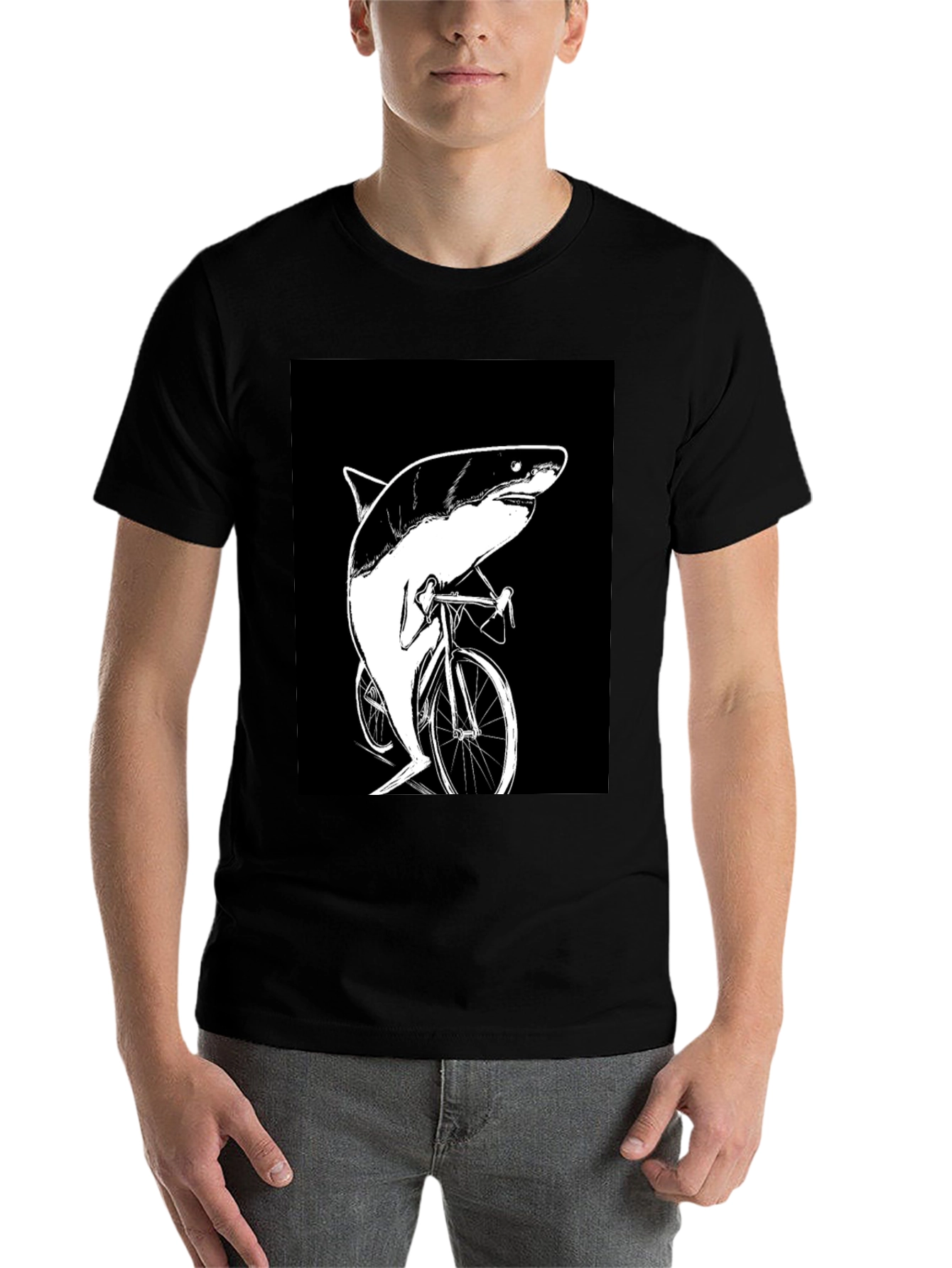 Black Shark on Bike T-Shirt - Funny Animal Graphic Tee view 7