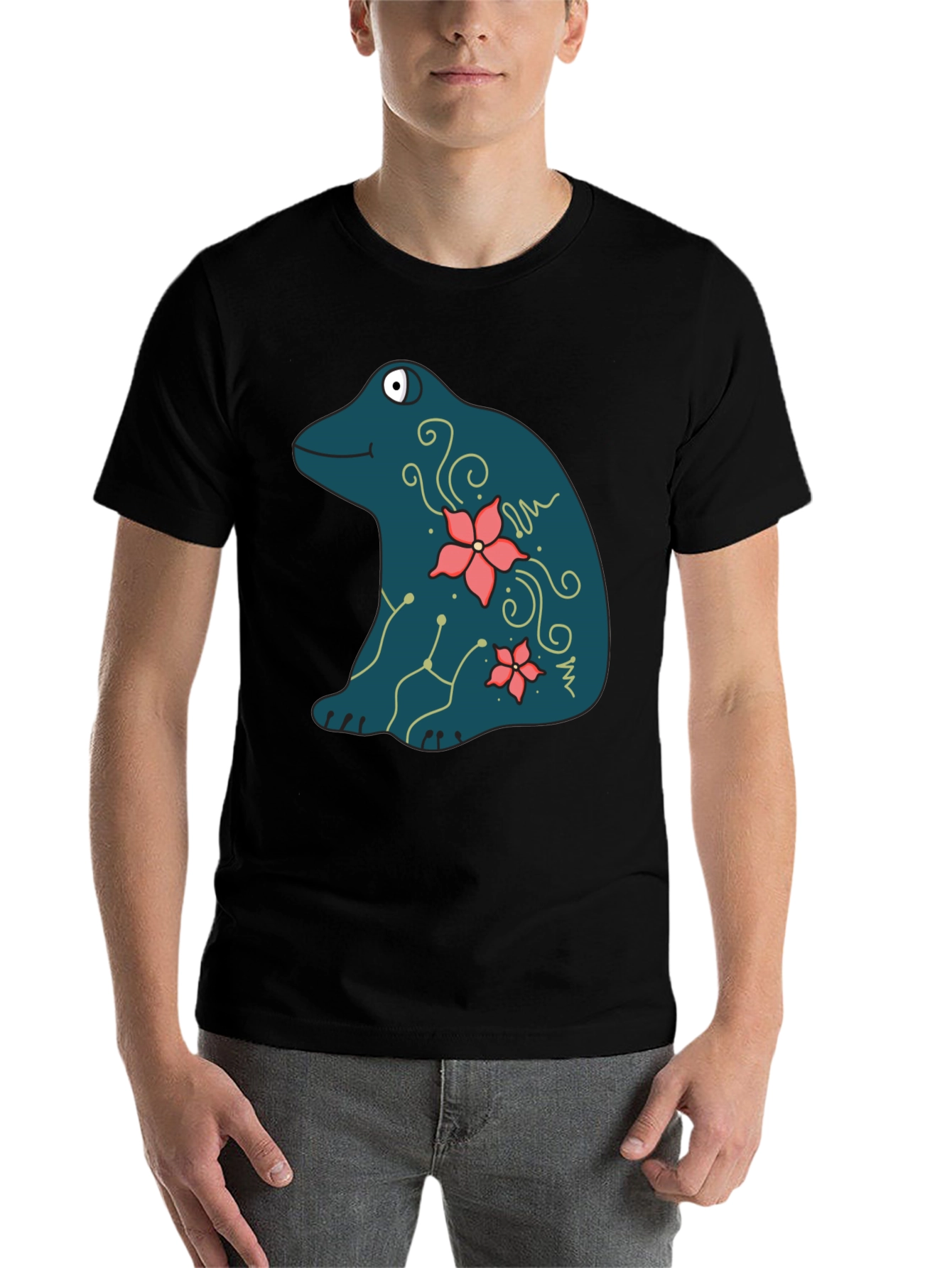 Black Frog and Flower Graphic Print Black T-Shirt view 7