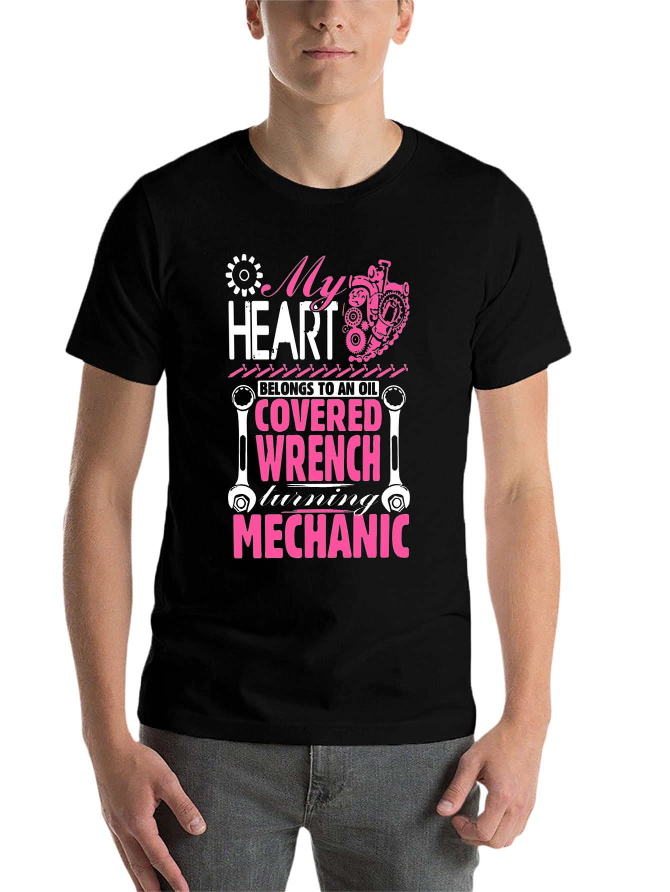 Black Mechanic Heart T-Shirt: Oil Covered Wrench Design view 7