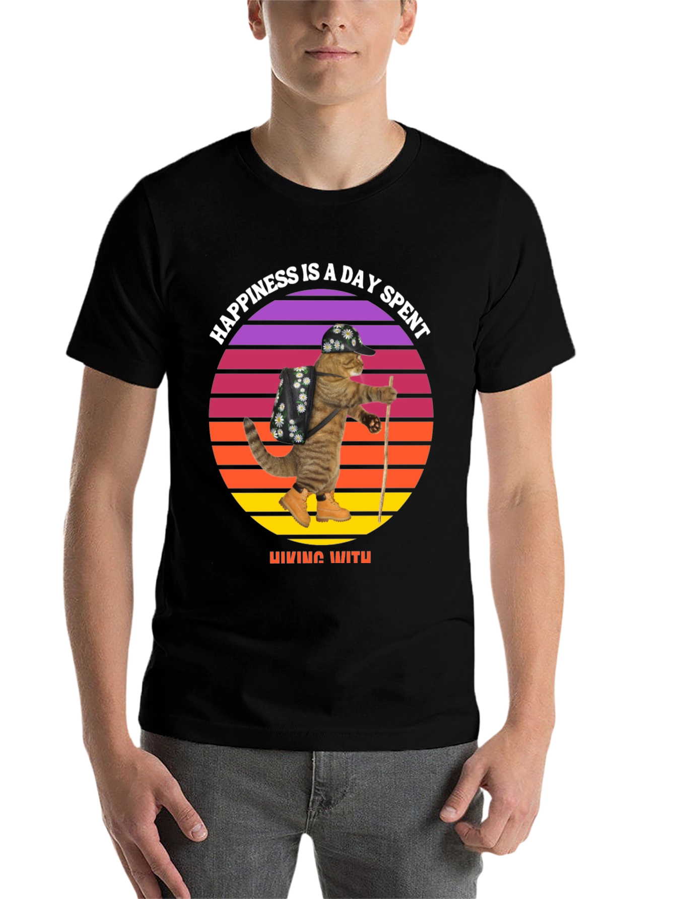 Black Hiking Cat T-Shirt: Happiness is a Day Spent Hiking view 7