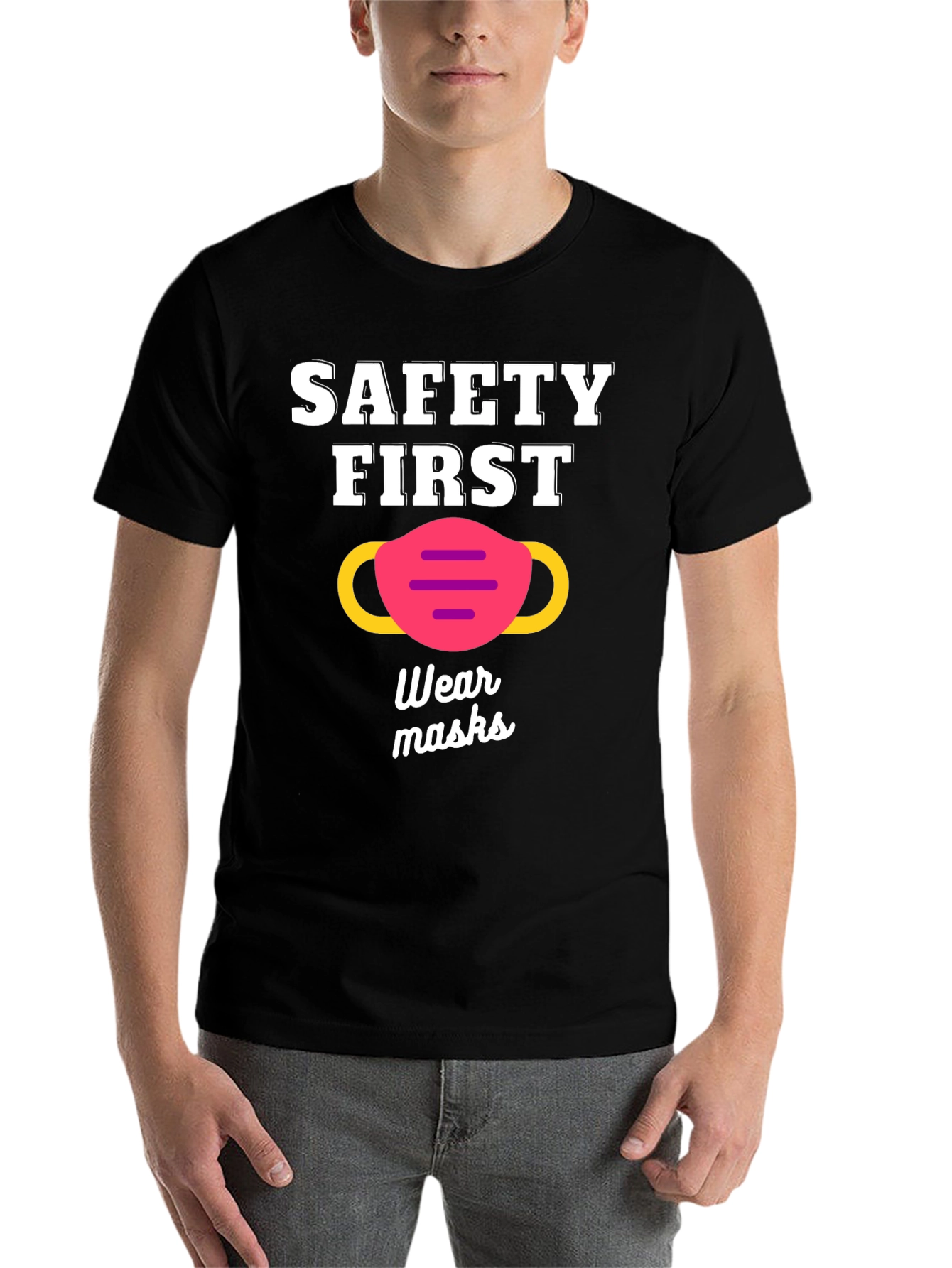 Black Safety First Wear Masks Graphic Tee view 7