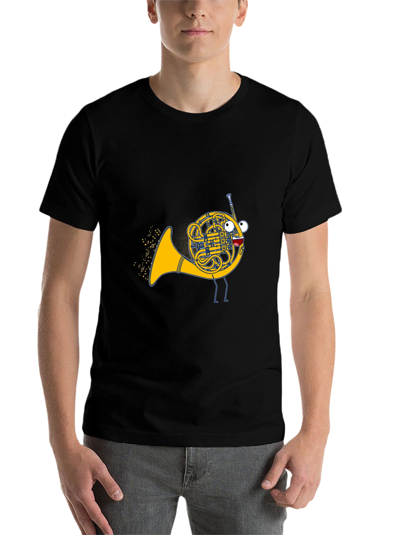 Black Musical French Horn Cartoon T-Shirt view 7