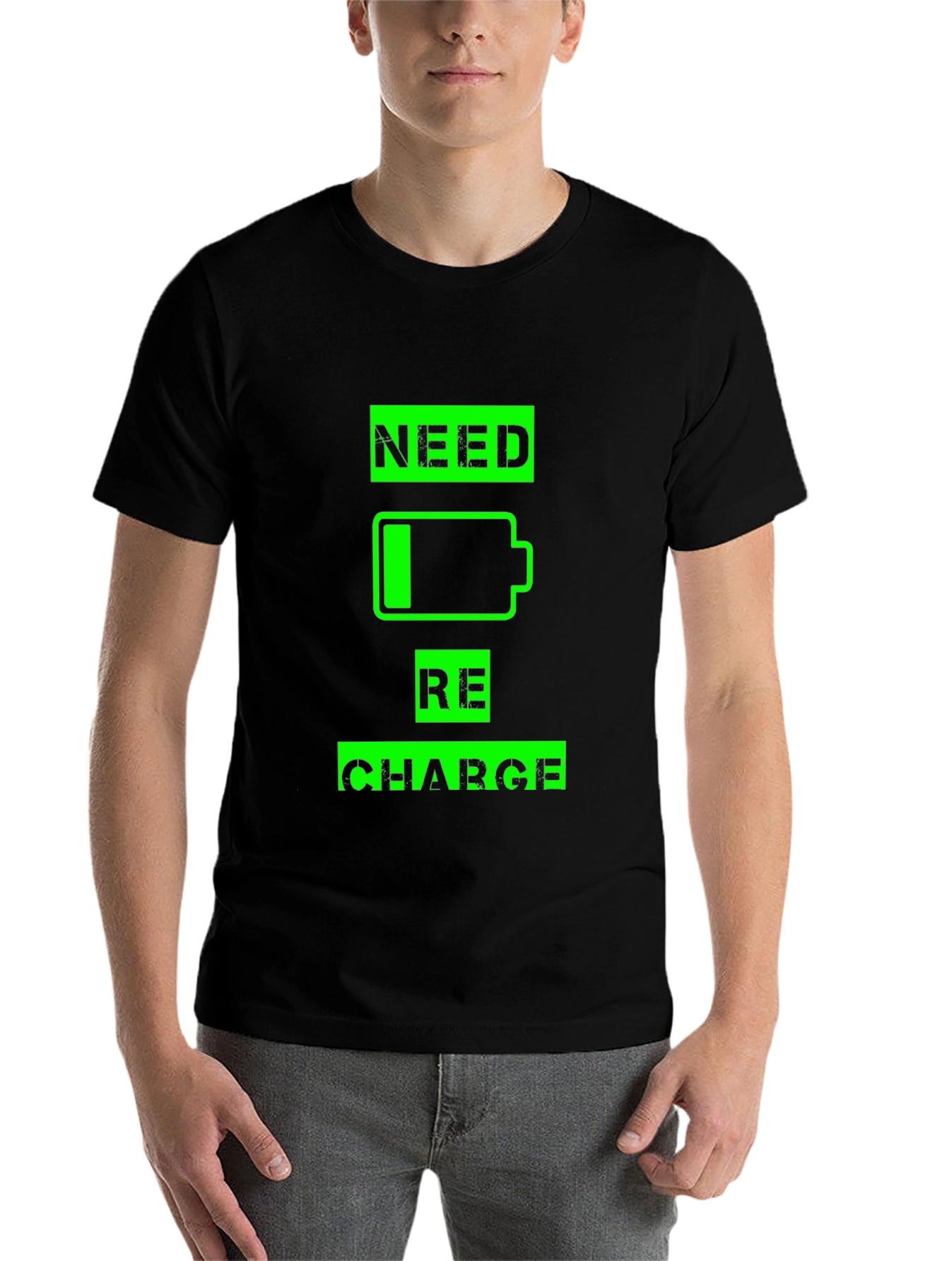 Black Need Recharge T-Shirt - Black Crew Neck Graphic Tee view 7