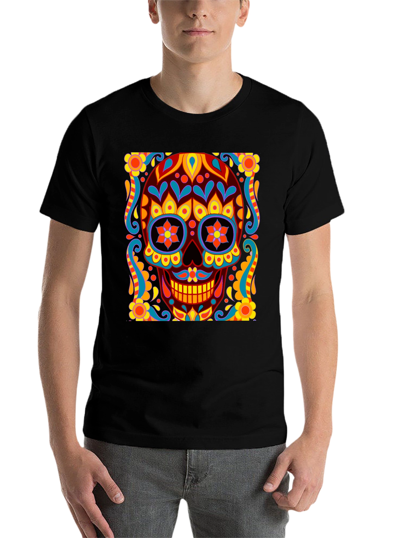 Black Day of the Dead Skull Graphic Black T-Shirt view 7