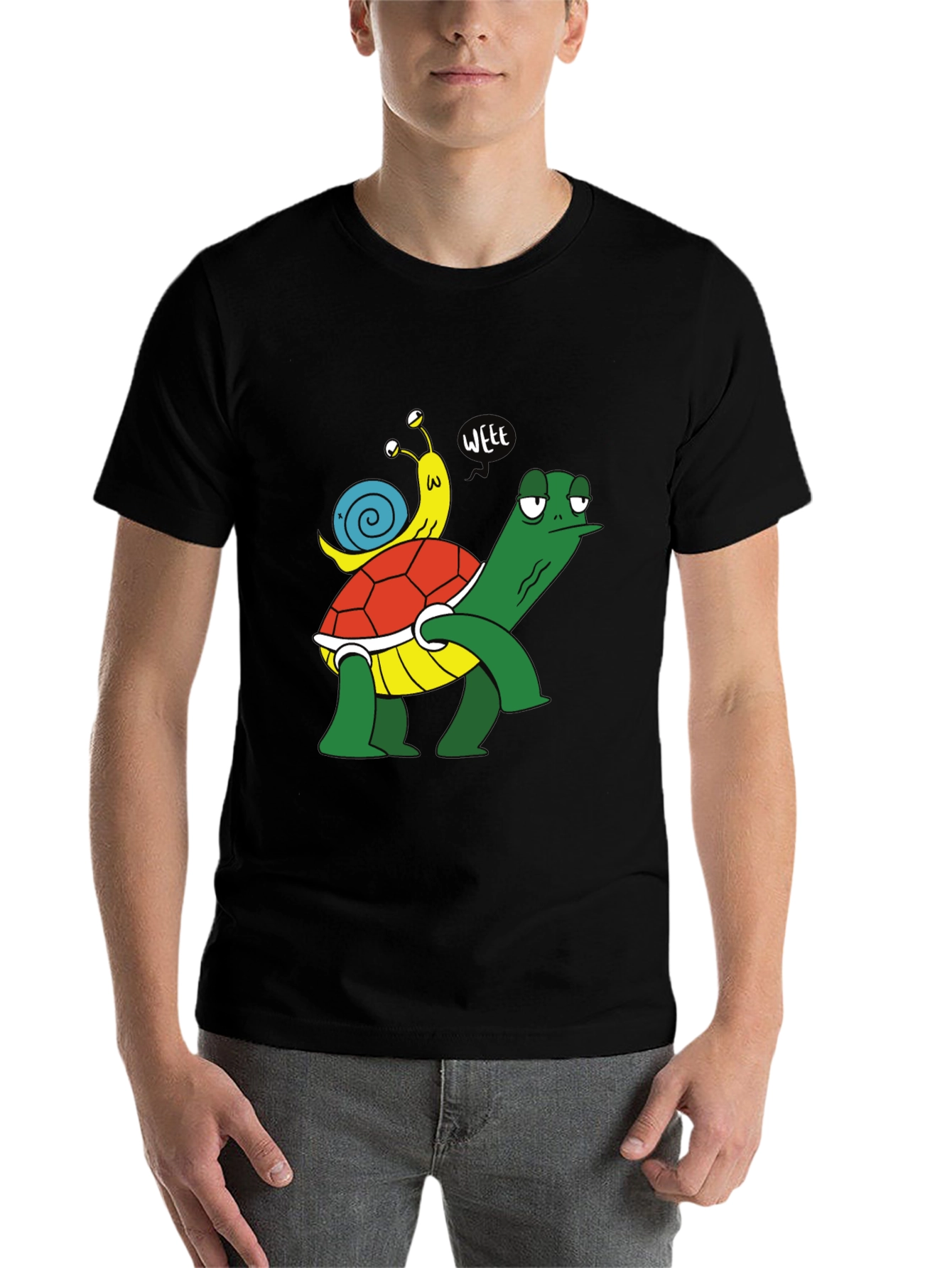 Black Funny Turtle and Snail Cartoon Black T-Shirt view 7