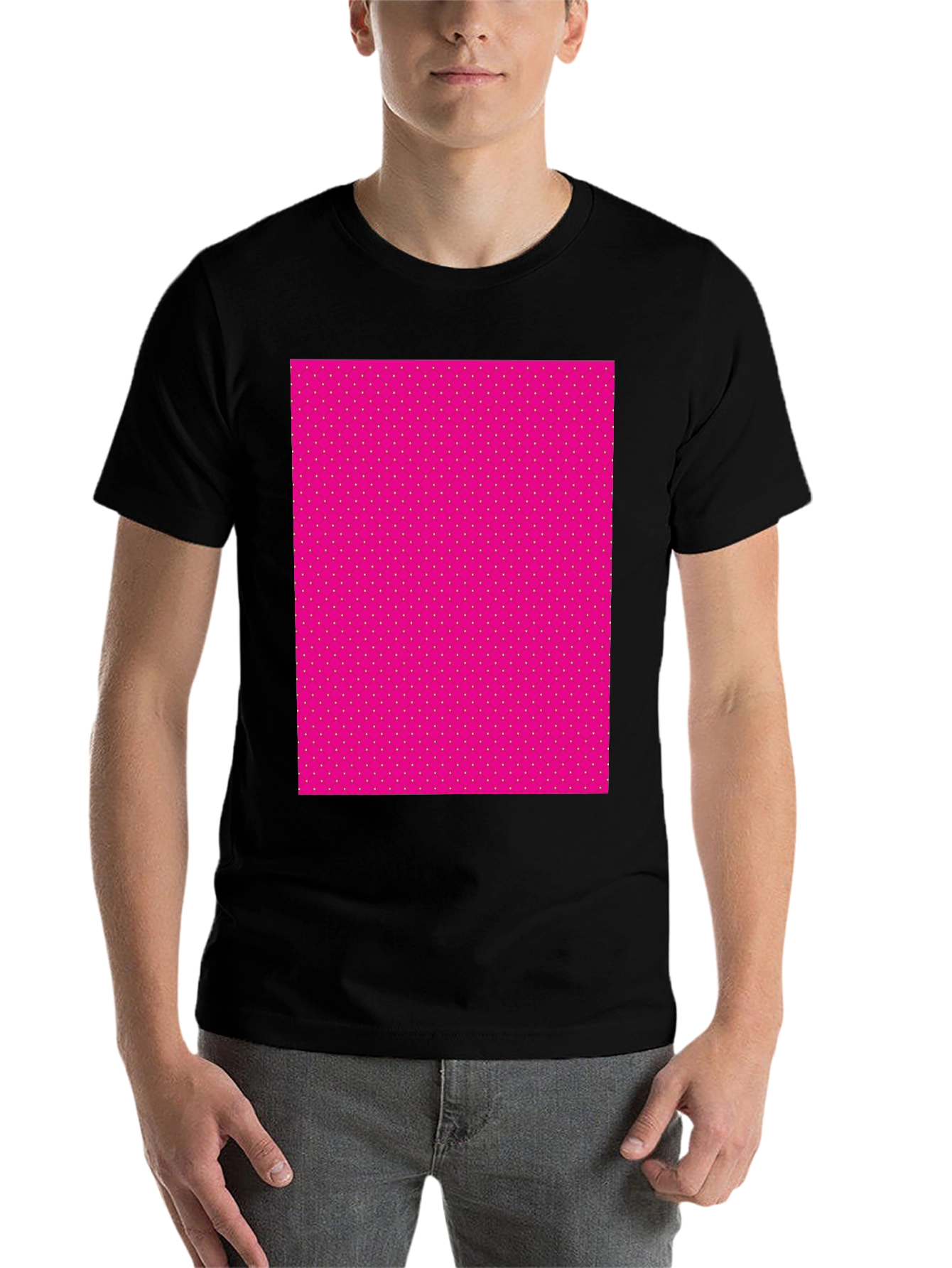Black Men's Black T-Shirt with Pink Polka Dot Pattern view 7