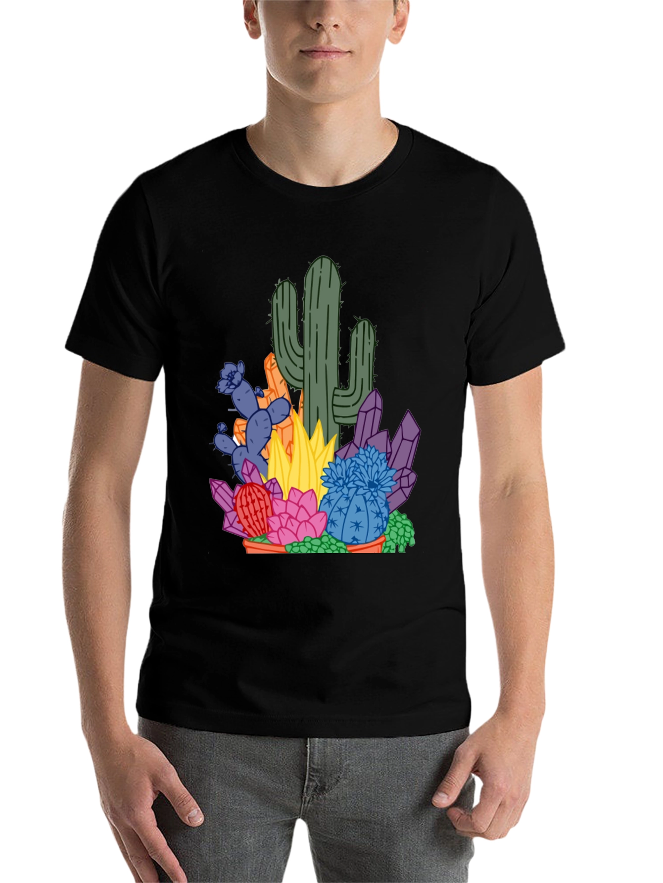 Black Cactus & Crystal Graphic Tee - Black Cotton Casual Shirt view 7