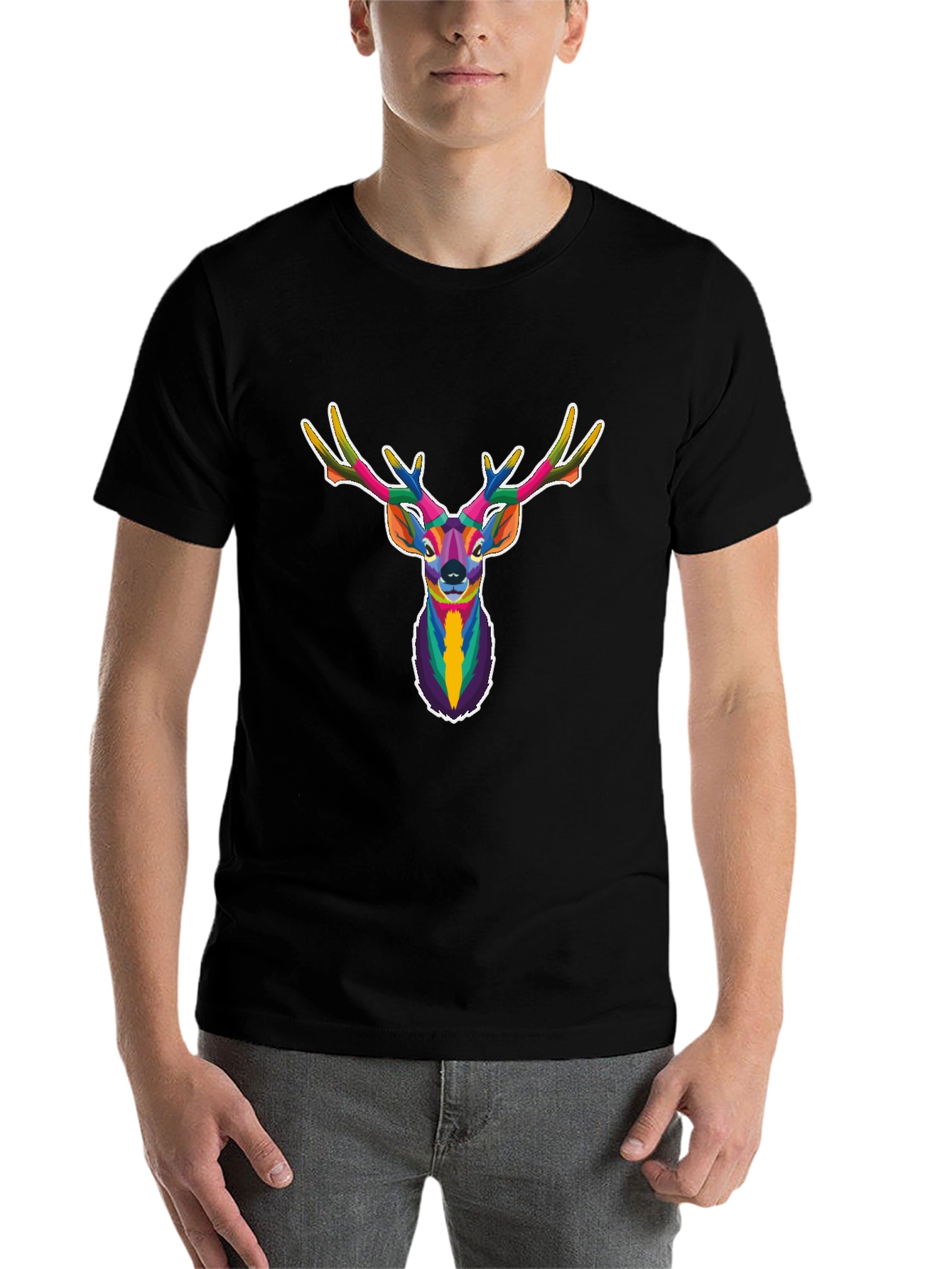 Black Geometric Deer Head Graphic Tee - Black view 7