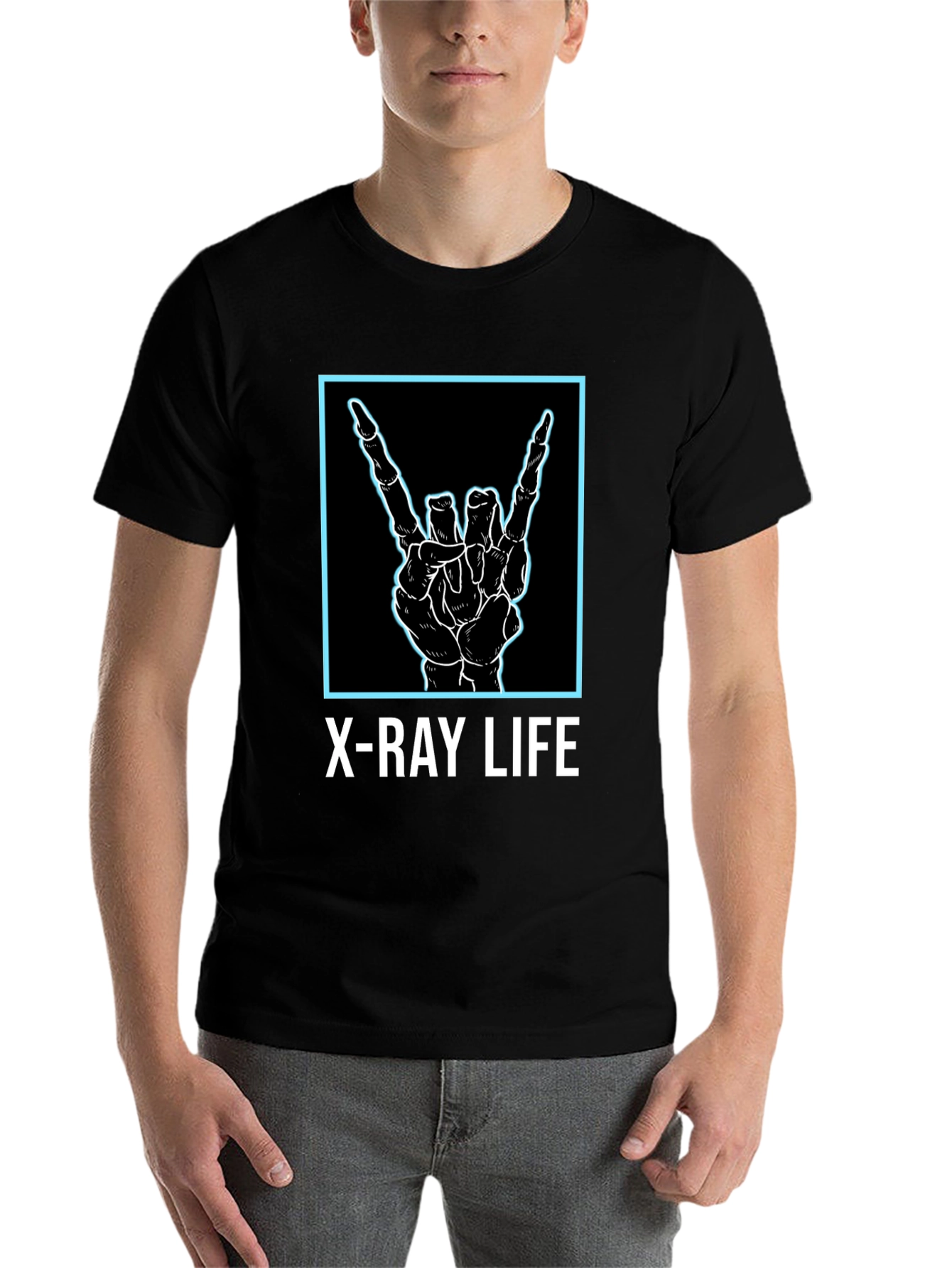 Black X-Ray Life Skeleton Hand Rock On T-Shirt view 7