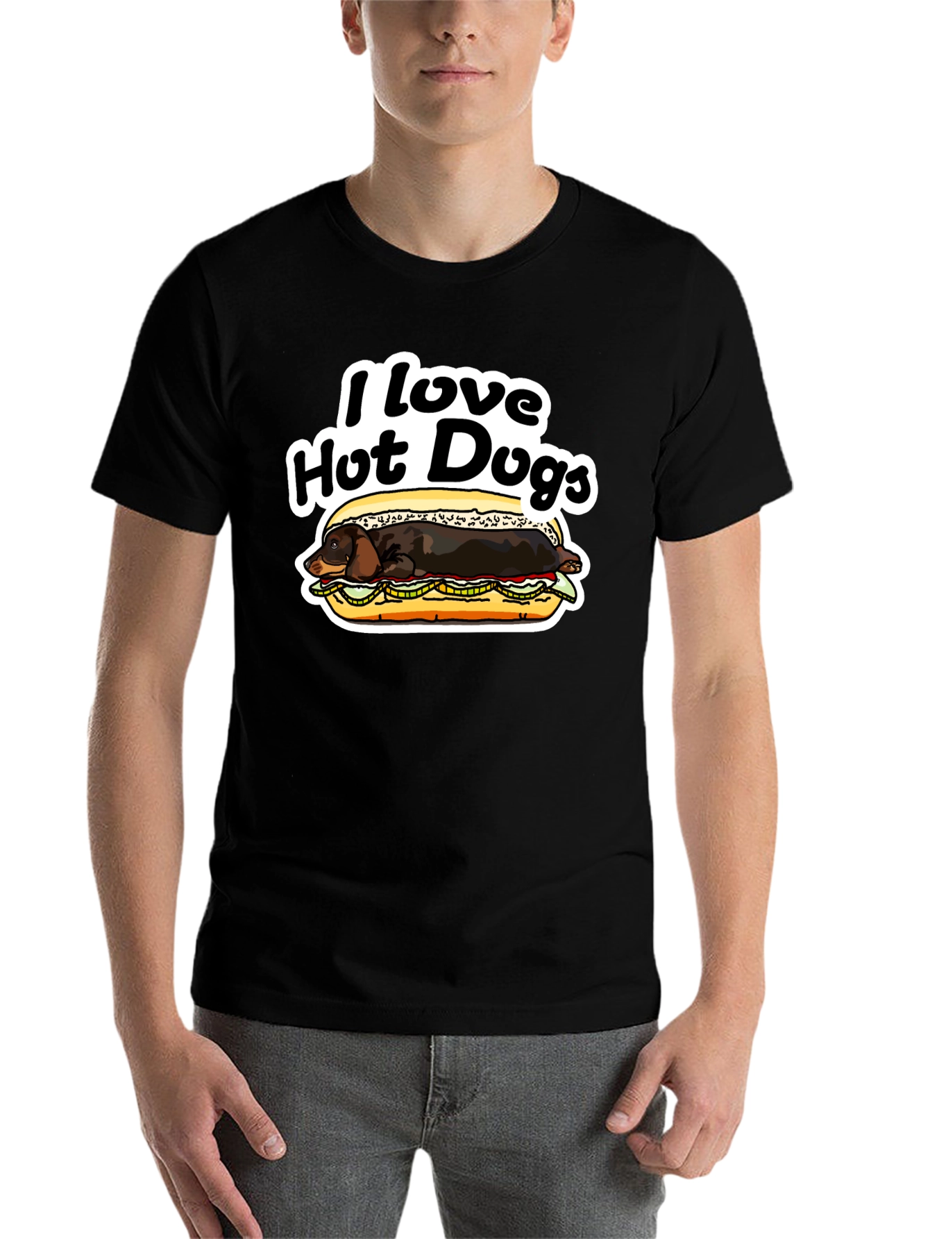 Black I Love Hot Dogs T-Shirt Dachshund Humor Tee view 7