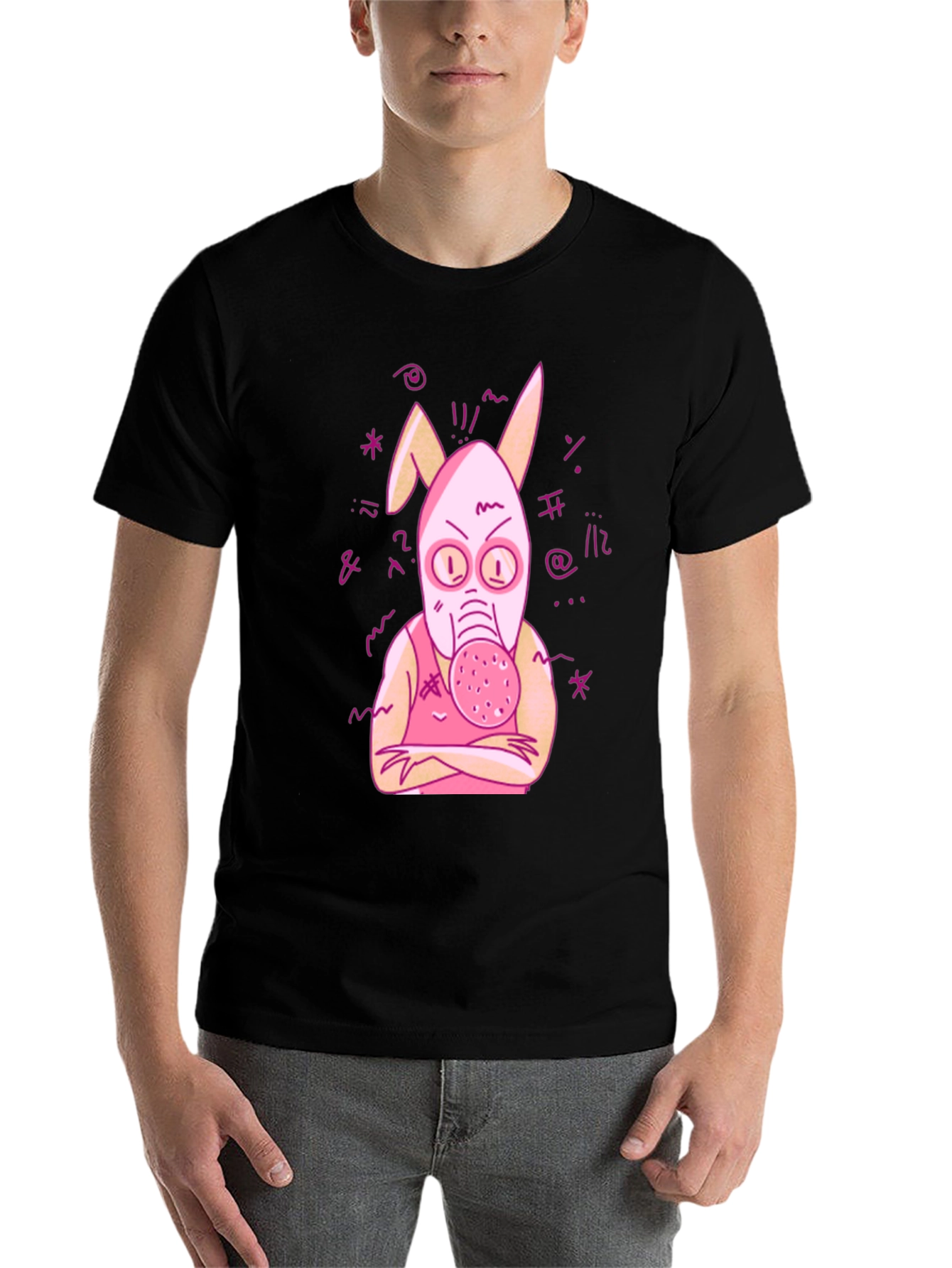 Black Unique Graphic Tee - Pink Bunny Gas Mask Design view 7