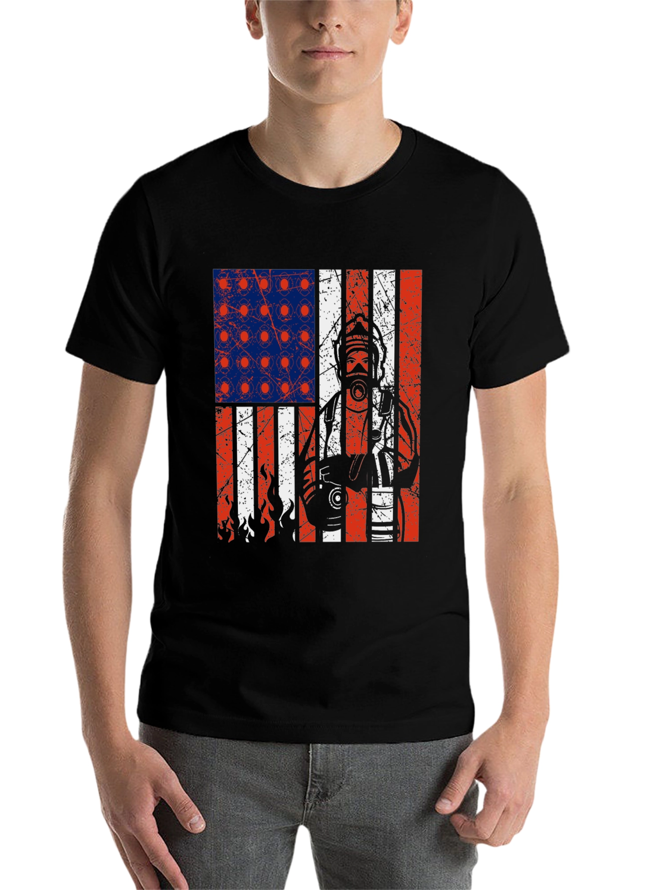 Black Firefighter American Flag Graphic T-Shirt view 7