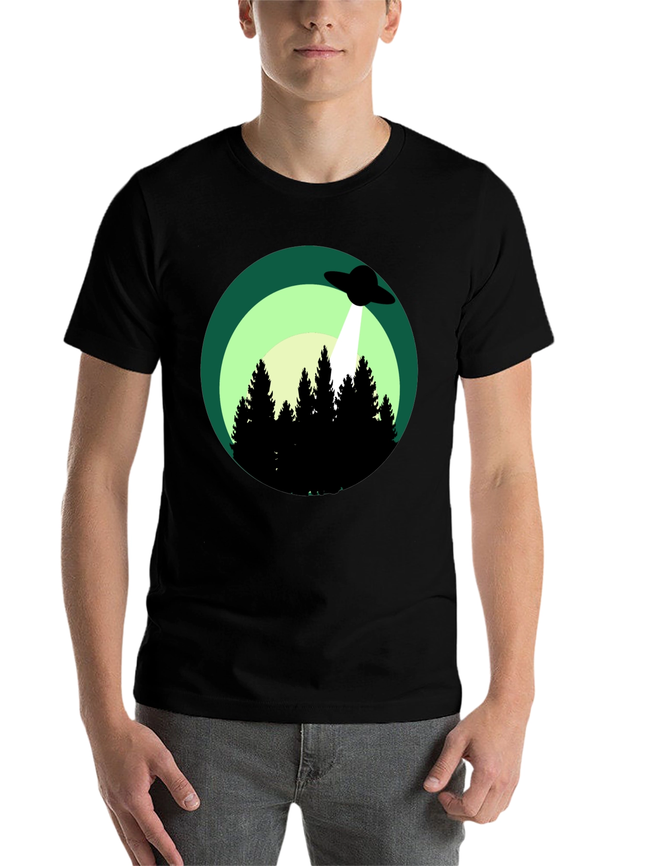 Black UFO Abduction Graphic Tee - Forest Scene Black T-Shirt view 7
