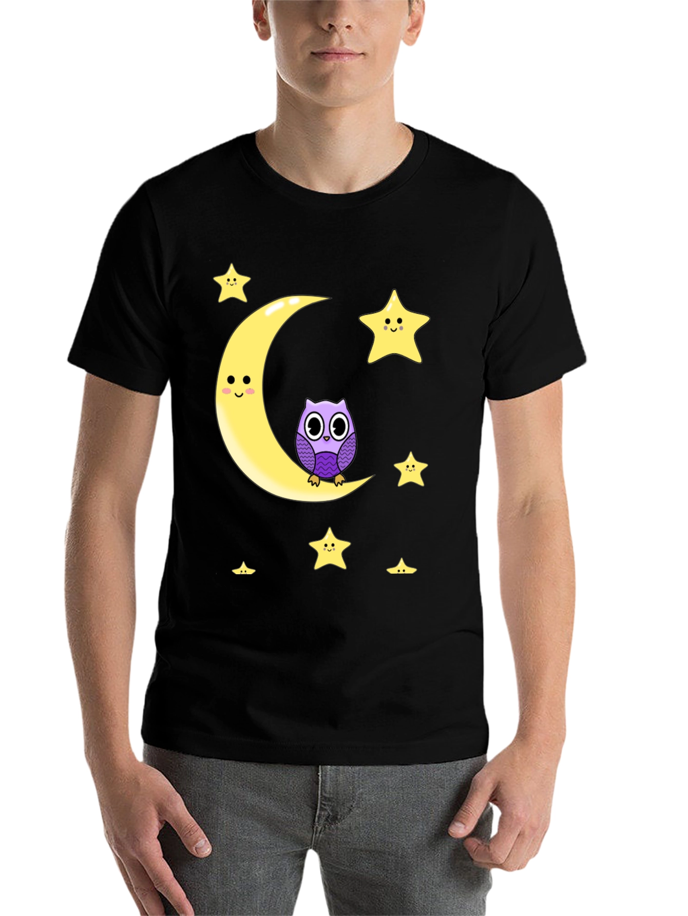Black Cute Owl on Moon Graphic T-Shirt - Black Cotton Blend view 7