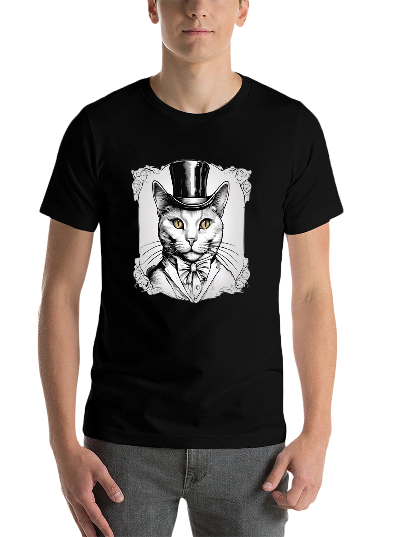 Black Top Hat Cat Graphic T-Shirt - Stylish Feline Design view 7
