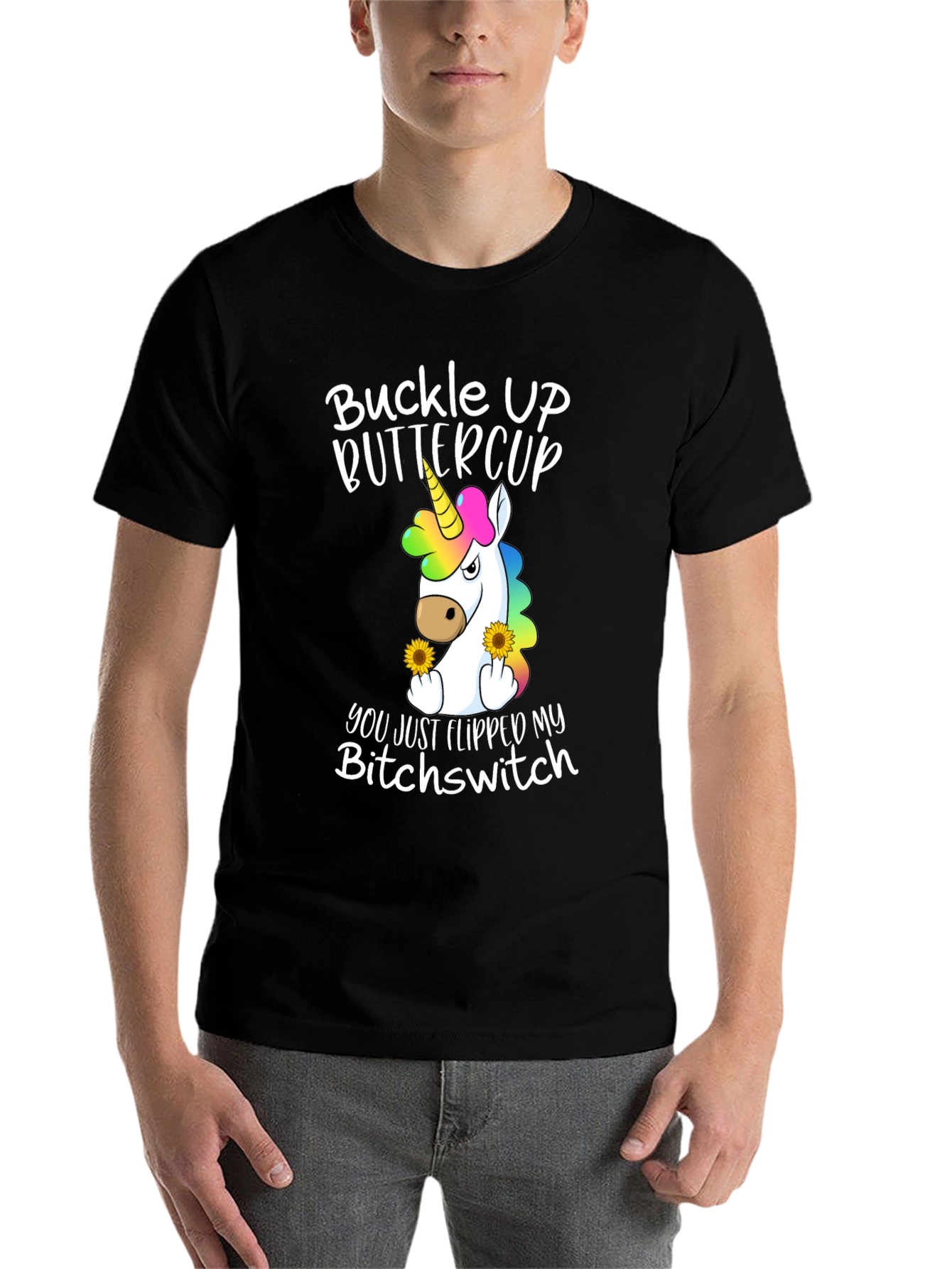 Black Buckle Up Buttercup T-Shirt - Unicorn Flipping You Off view 7