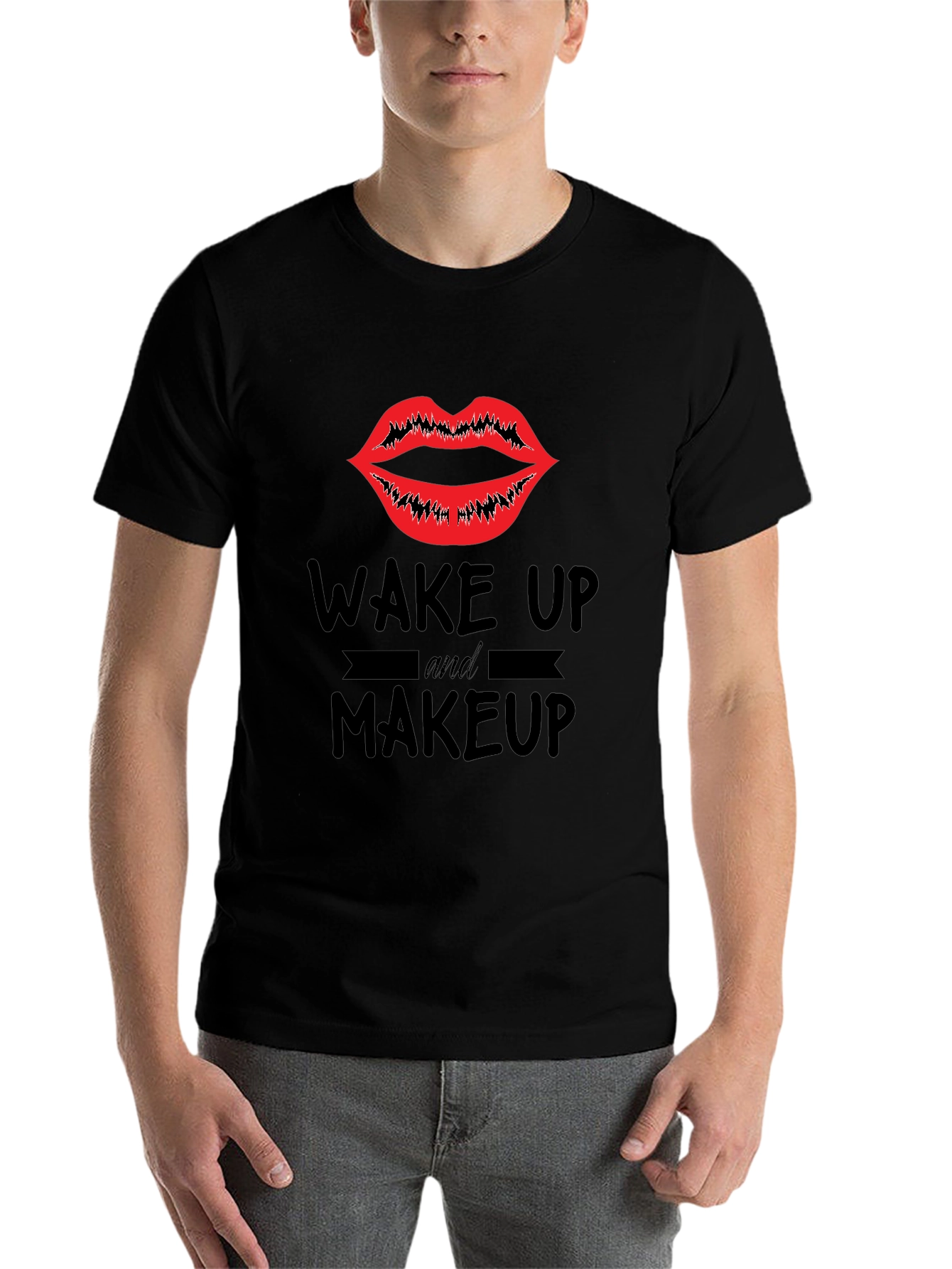 Black Wake Up & Makeup Graphic Tee - Unisex Black T-Shirt view 7