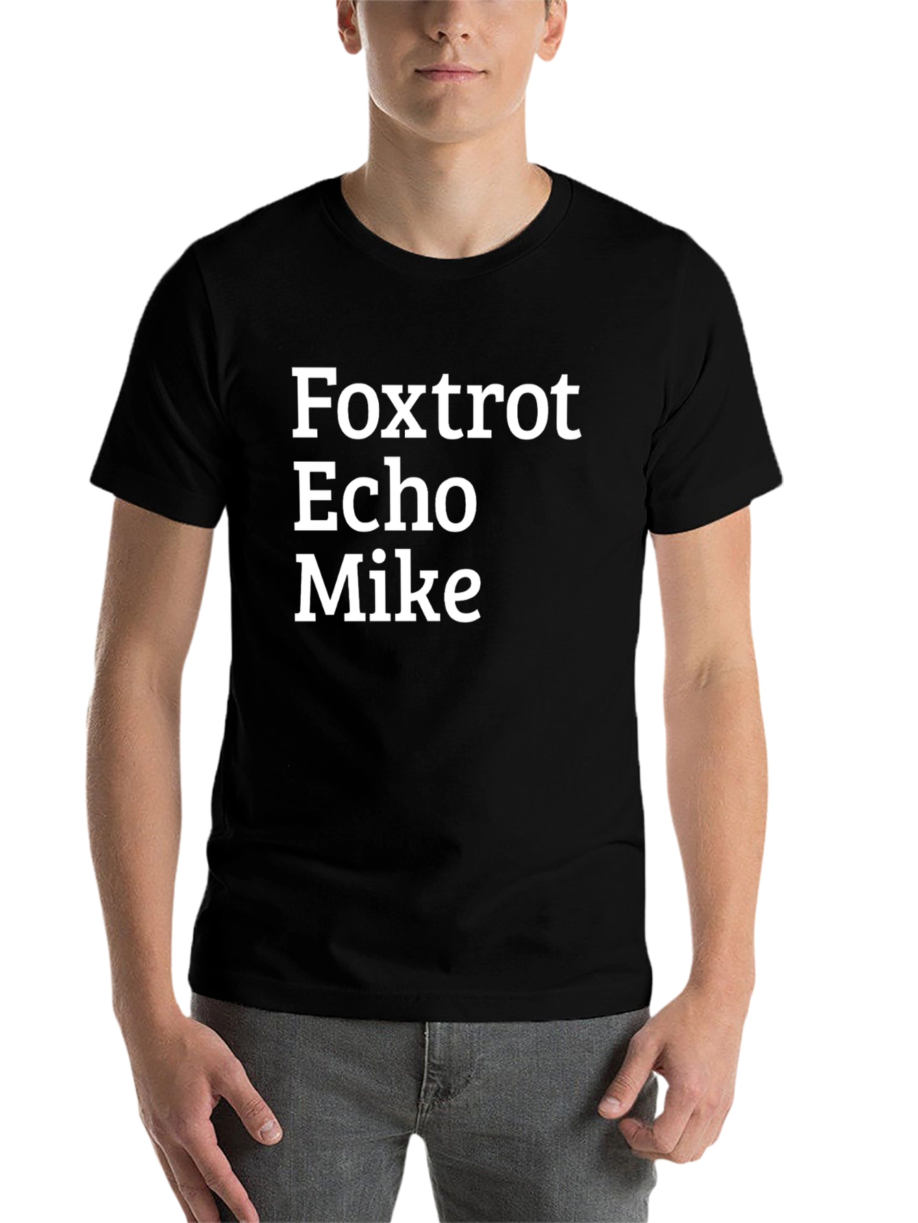 Black Foxtrot Echo Mike T-Shirt - Bold Military Alphabet Design view 7