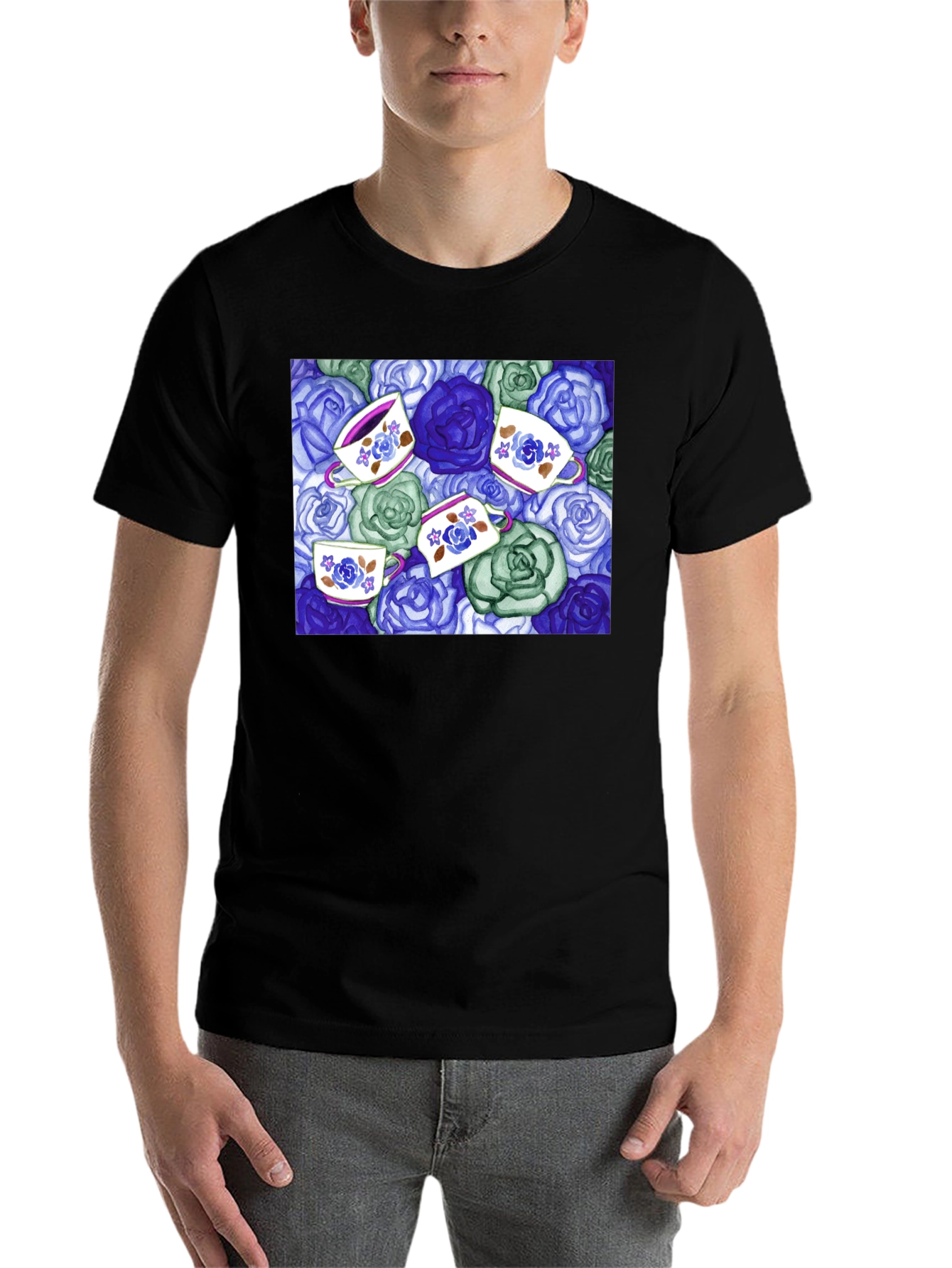 Black Floral Tea Cup T-Shirt - Unique Design view 7