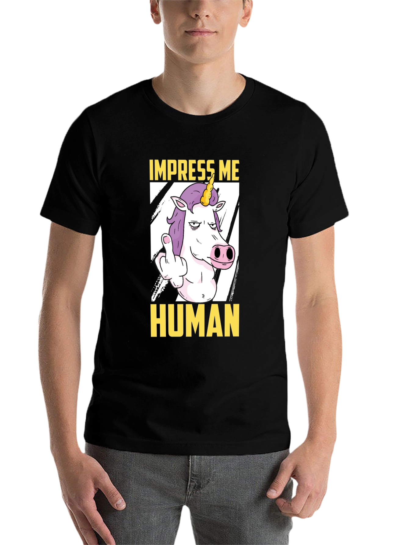 Black Impress Me Human Unicorn Graphic Tee - Funny T-Shirt view 7