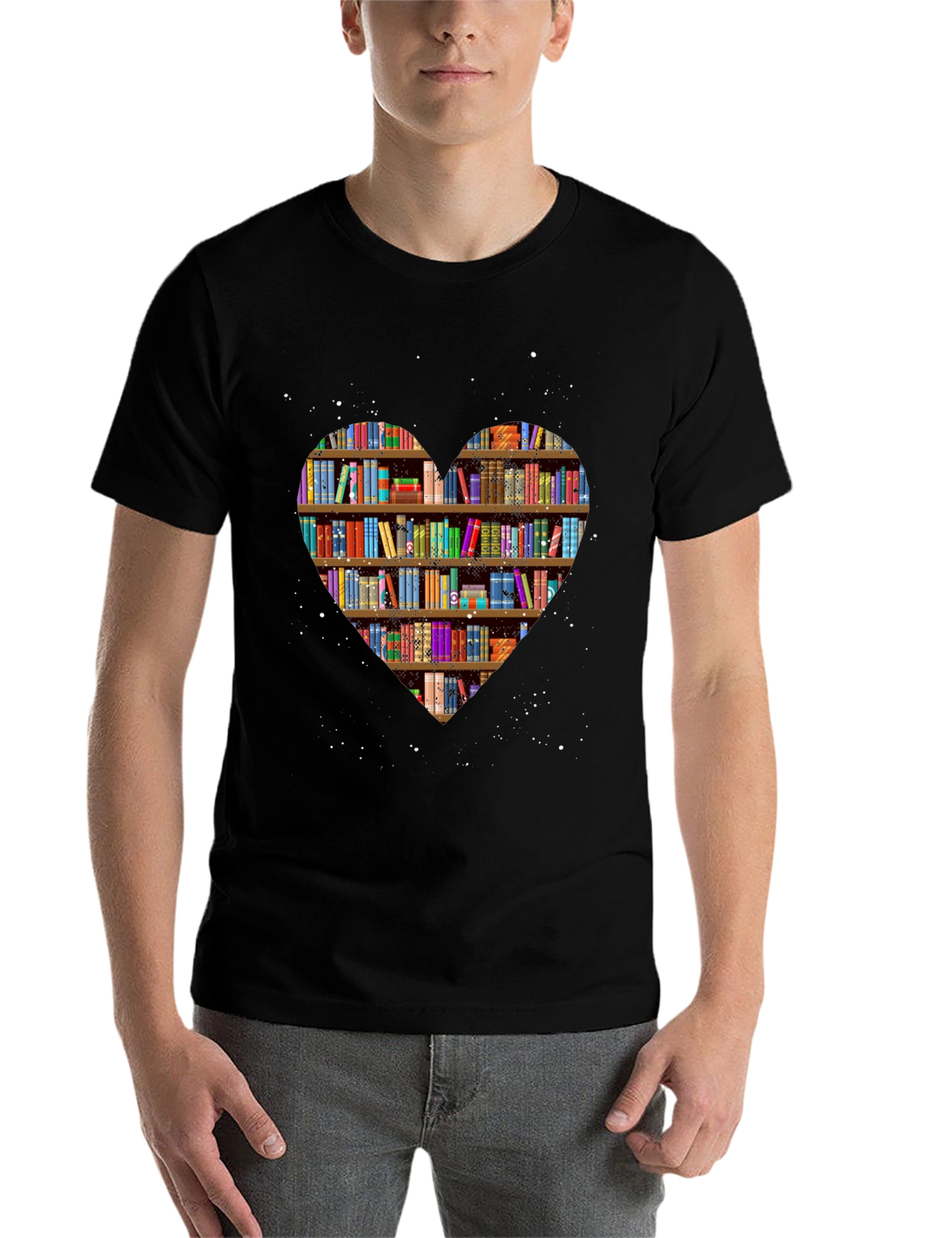 Black Book Lover Heart Bookshelf T-Shirt - Black view 7