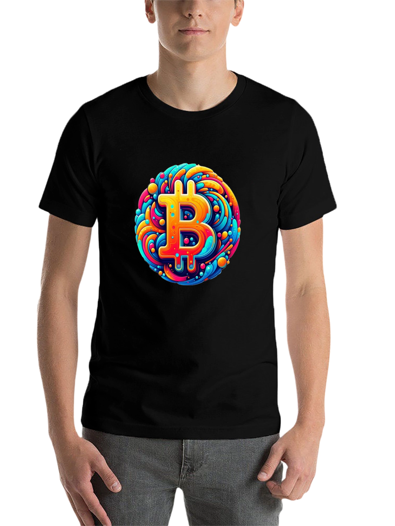 Black Bitcoin Art T-Shirt - Crypto Swirl Design view 7