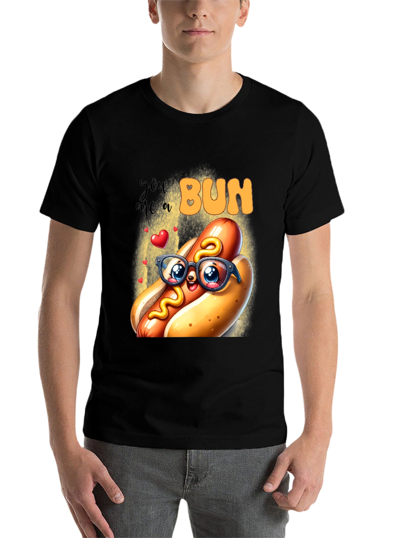 Black Cute Hotdog Graphic T-Shirt - "You are a Bun" view 7