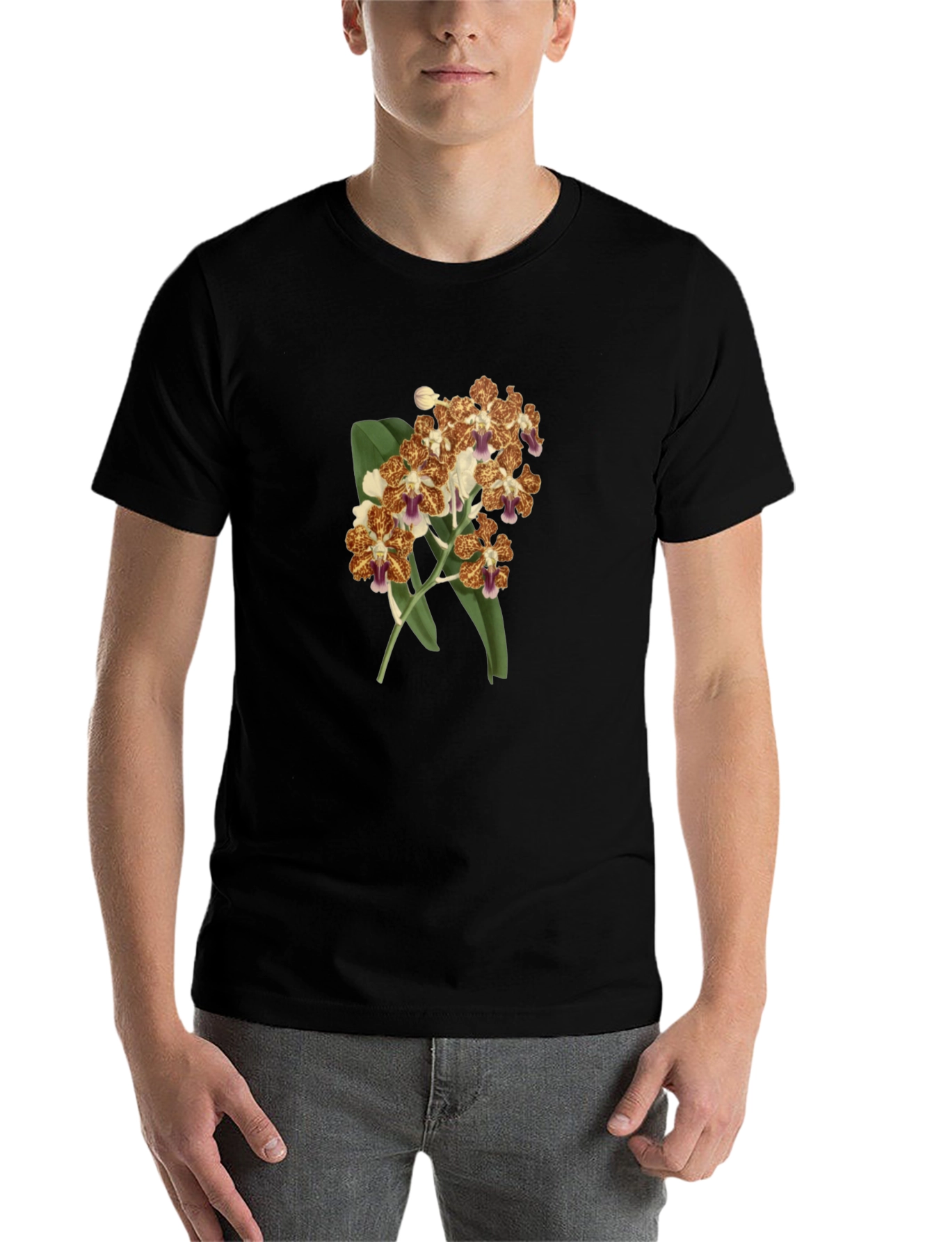 Black Floral Orchid Print Black T-Shirt view 7