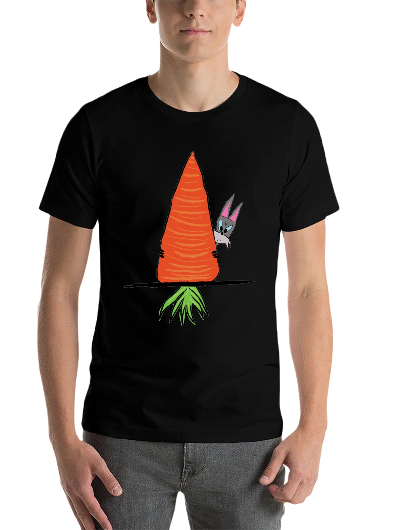 Black Funny Rabbit Peek-a-Boo Carrot Graphic Tee view 7
