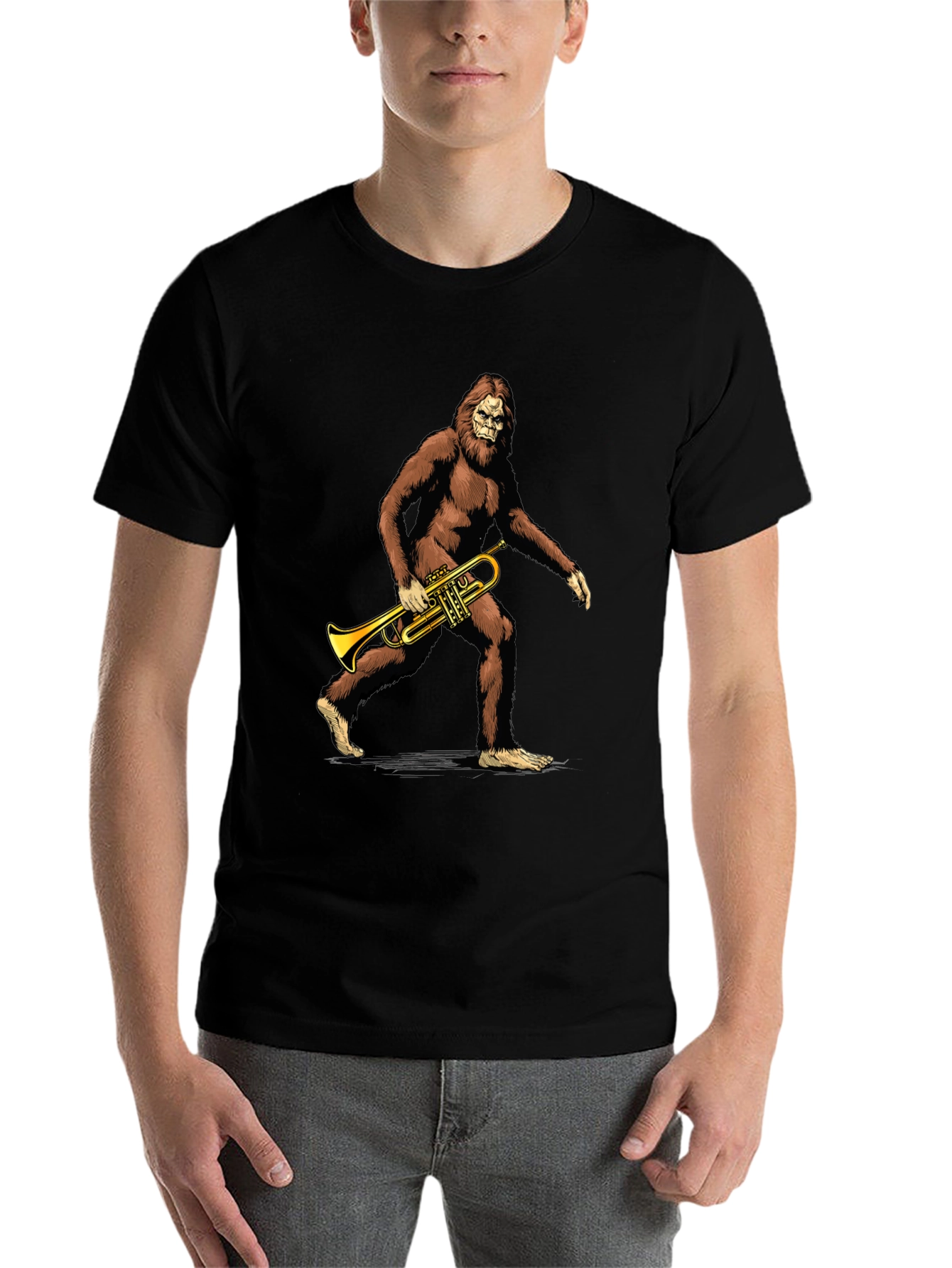 Black Bigfoot Trumpet Player Graphic T-Shirt view 7