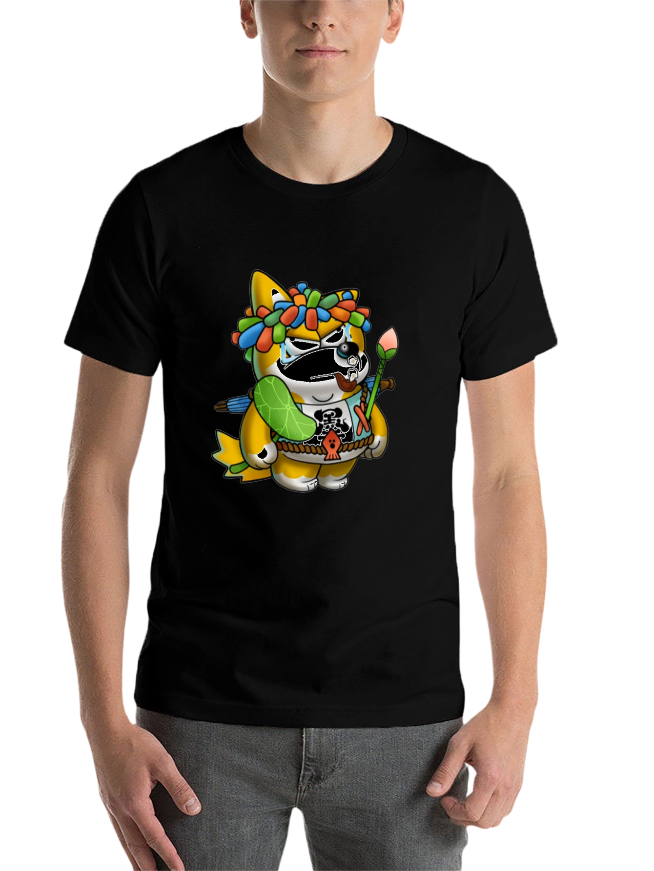 Black Unique Graphic Tee - Cartoon Tanuki Design view 7