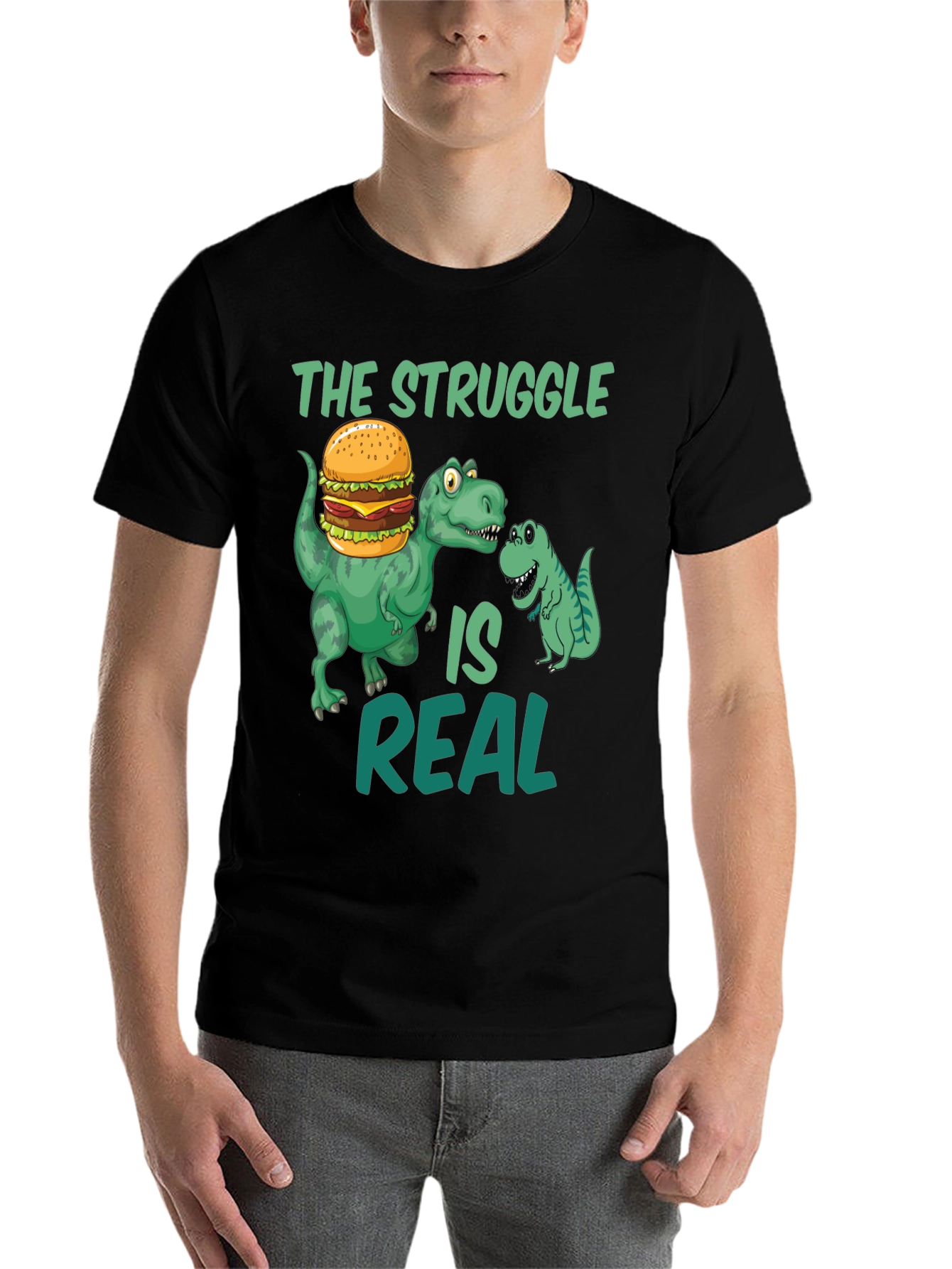 Black Dinosaur Burger T-Shirt - The Struggle Is Real Funny Tee view 7